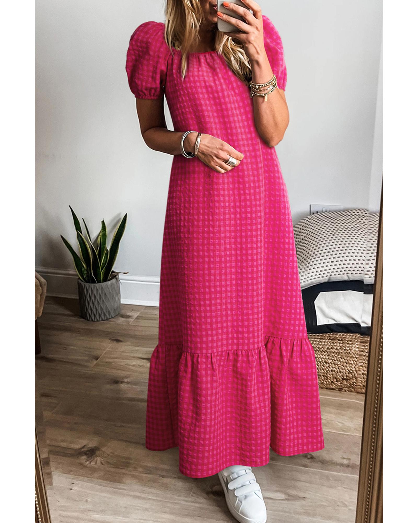 Rose Ginham Check Bubble Sleeve Ruffled Maxi Dress - M