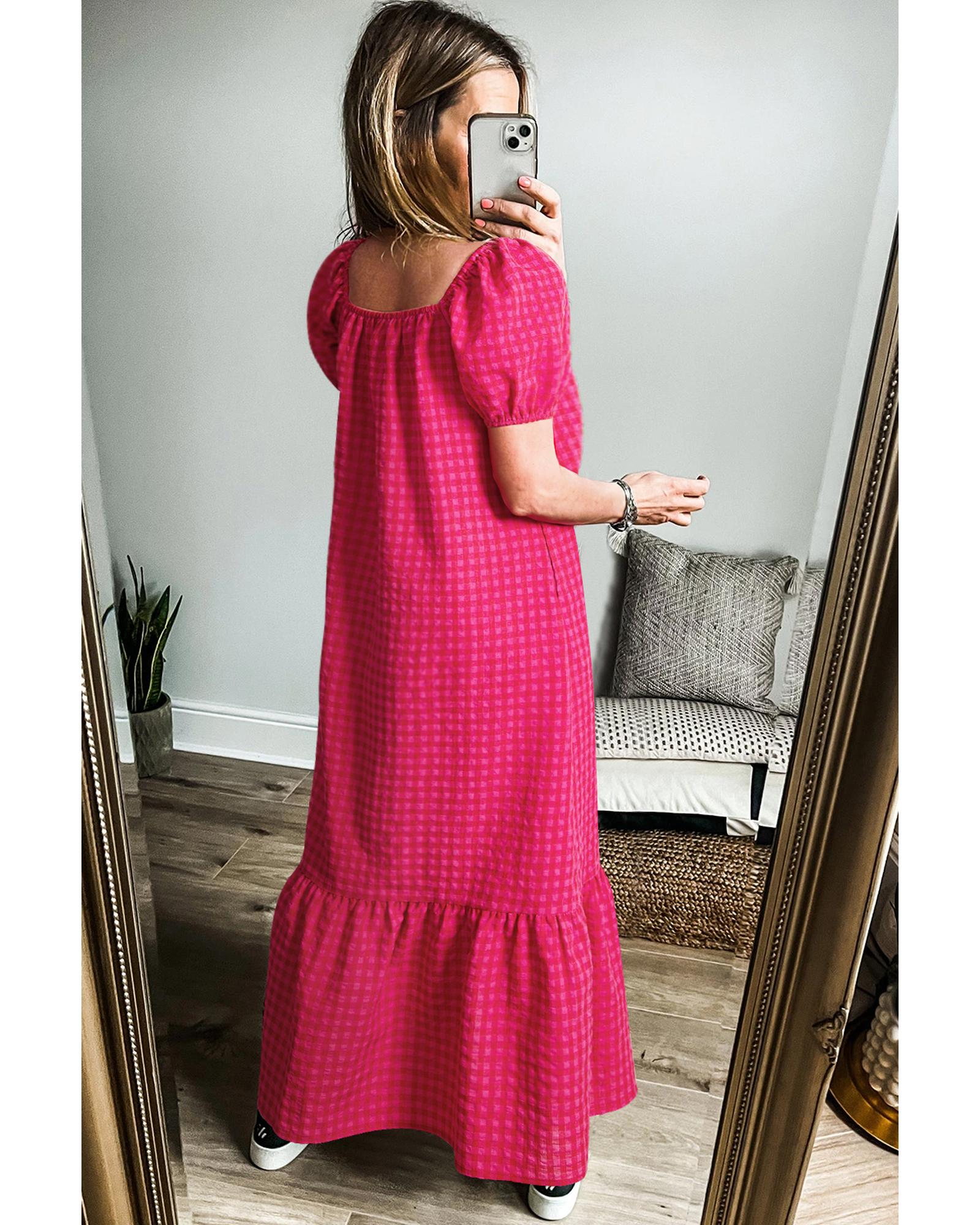 Rose Ginham Check Bubble Sleeve Ruffled Maxi Dress - M