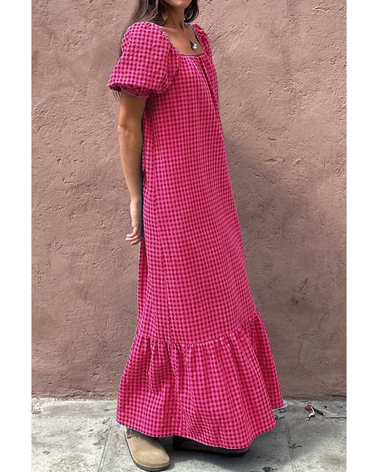 Rose Ginham Check Bubble Sleeve Ruffled Maxi Dress - M 3