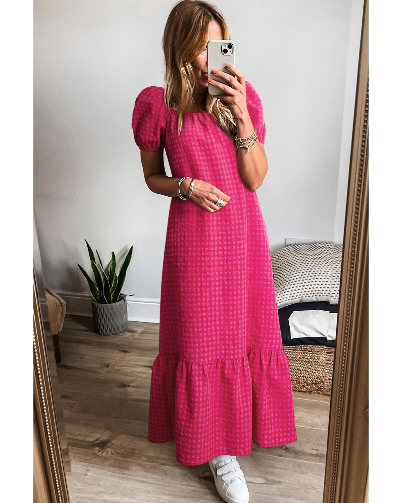 Rose Ginham Check Bubble Sleeve Ruffled Maxi Dress - M 4
