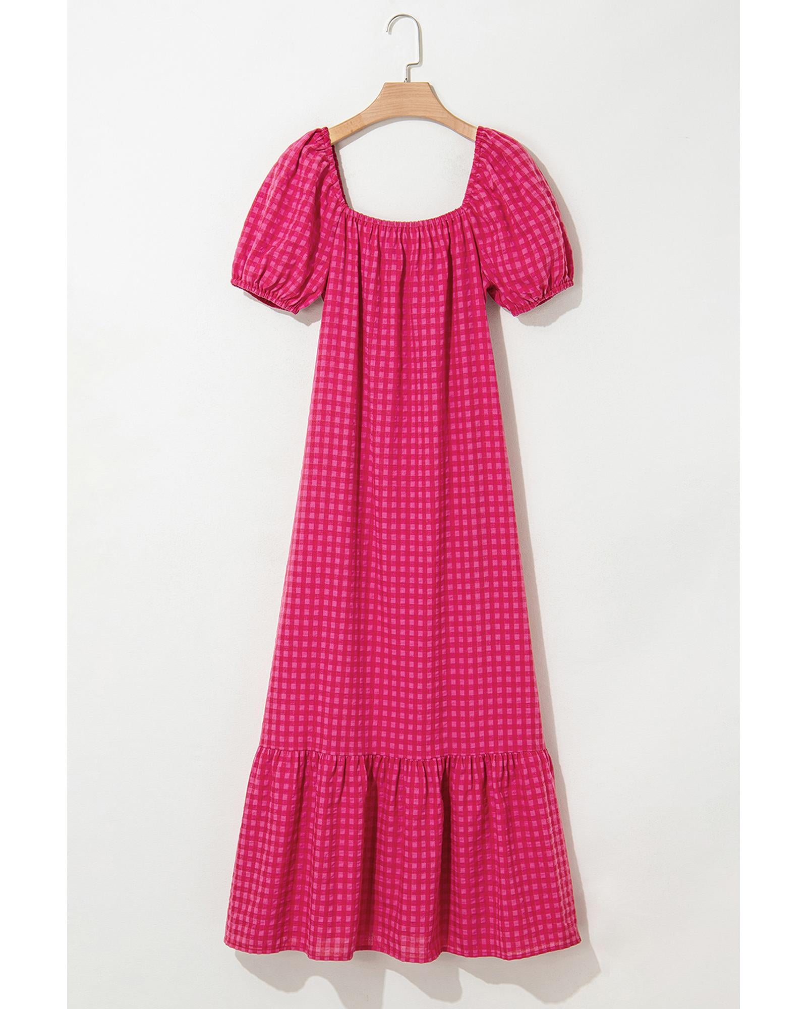 Rose Ginham Check Bubble Sleeve Ruffled Maxi Dress - M 7