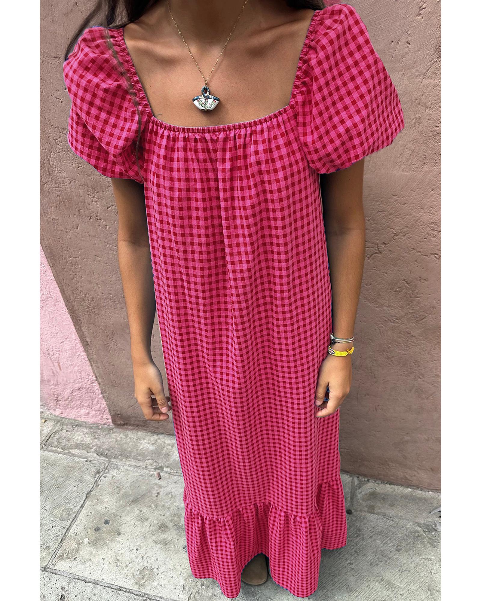 Rose Ginham Check Bubble Sleeve Ruffled Maxi Dress - XL 5