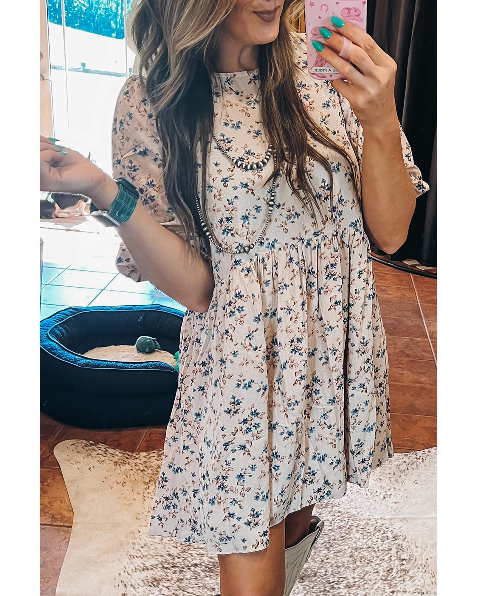 Beige Floral Puff Short Sleeve Empire Waist Mini Dress - L