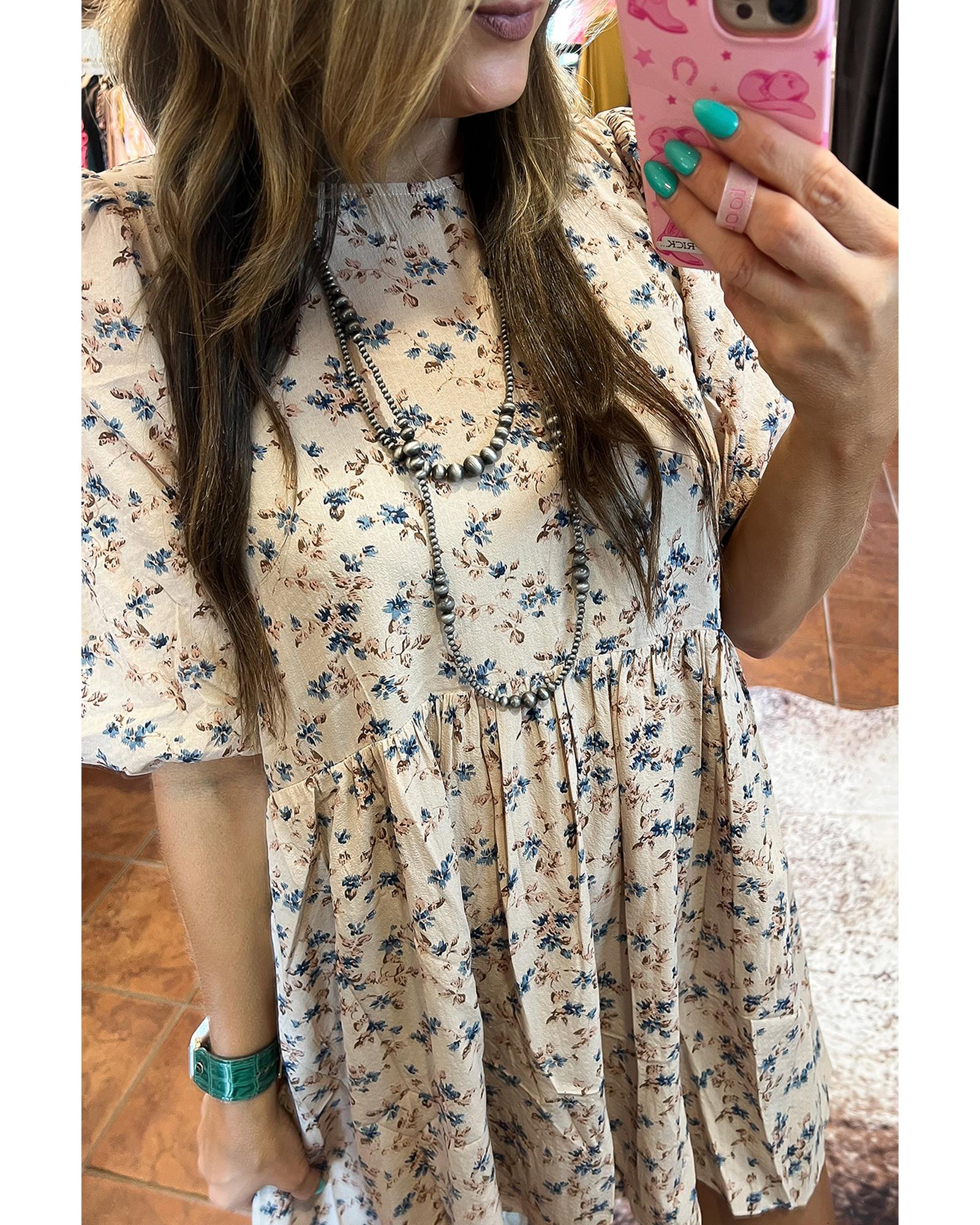 Beige Floral Puff Short Sleeve Empire Waist Mini Dress - L 4