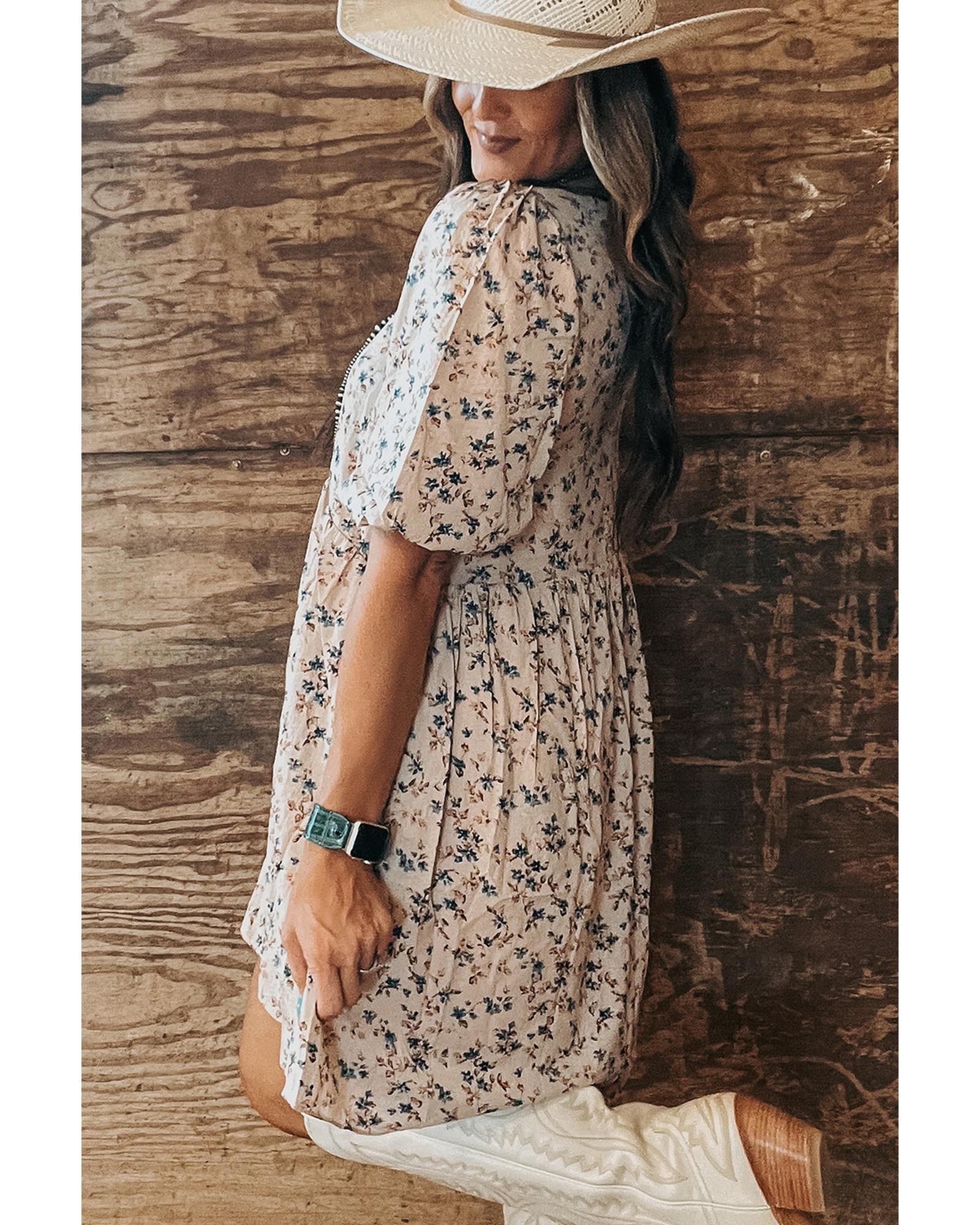 Beige Floral Puff Short Sleeve Empire Waist Mini Dress - XL
