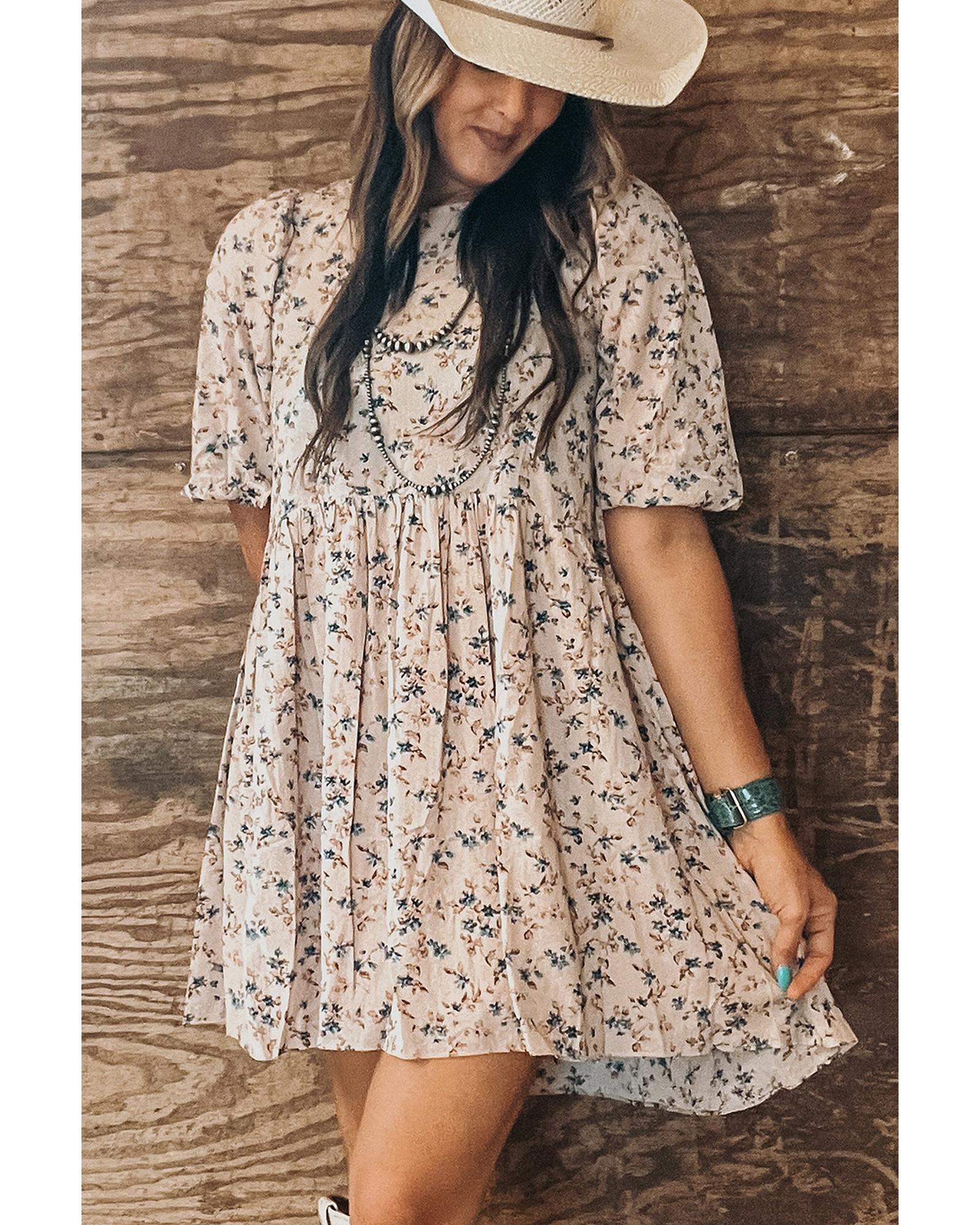 Beige Floral Puff Short Sleeve Empire Waist Mini Dress - XL 3