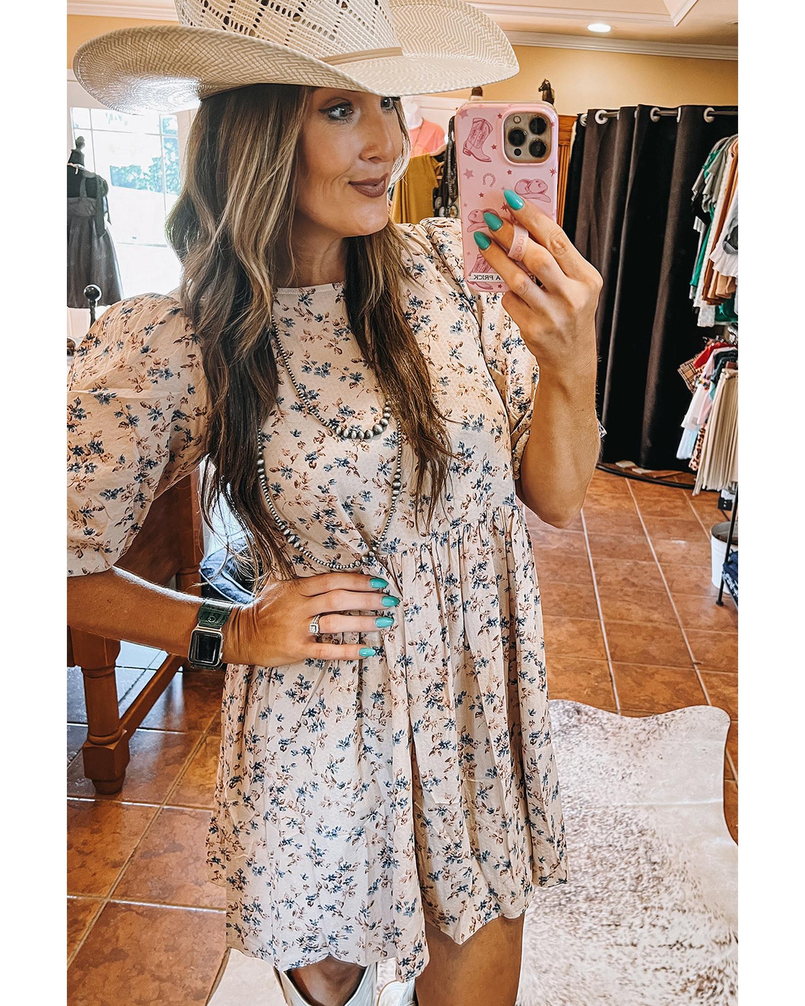 Beige Floral Puff Short Sleeve Empire Waist Mini Dress - XL 4