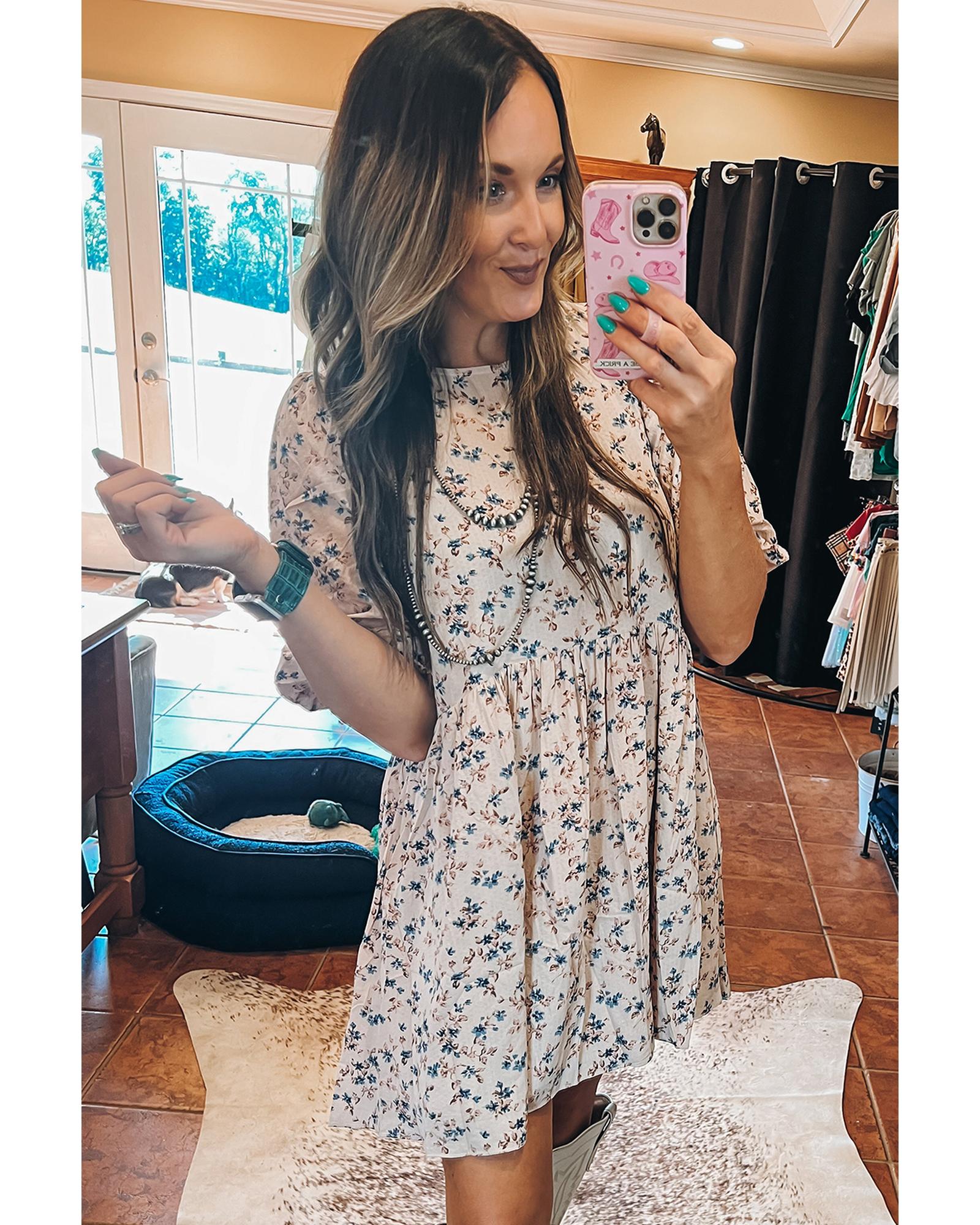 Beige Floral Puff Short Sleeve Empire Waist Mini Dress - XL 5