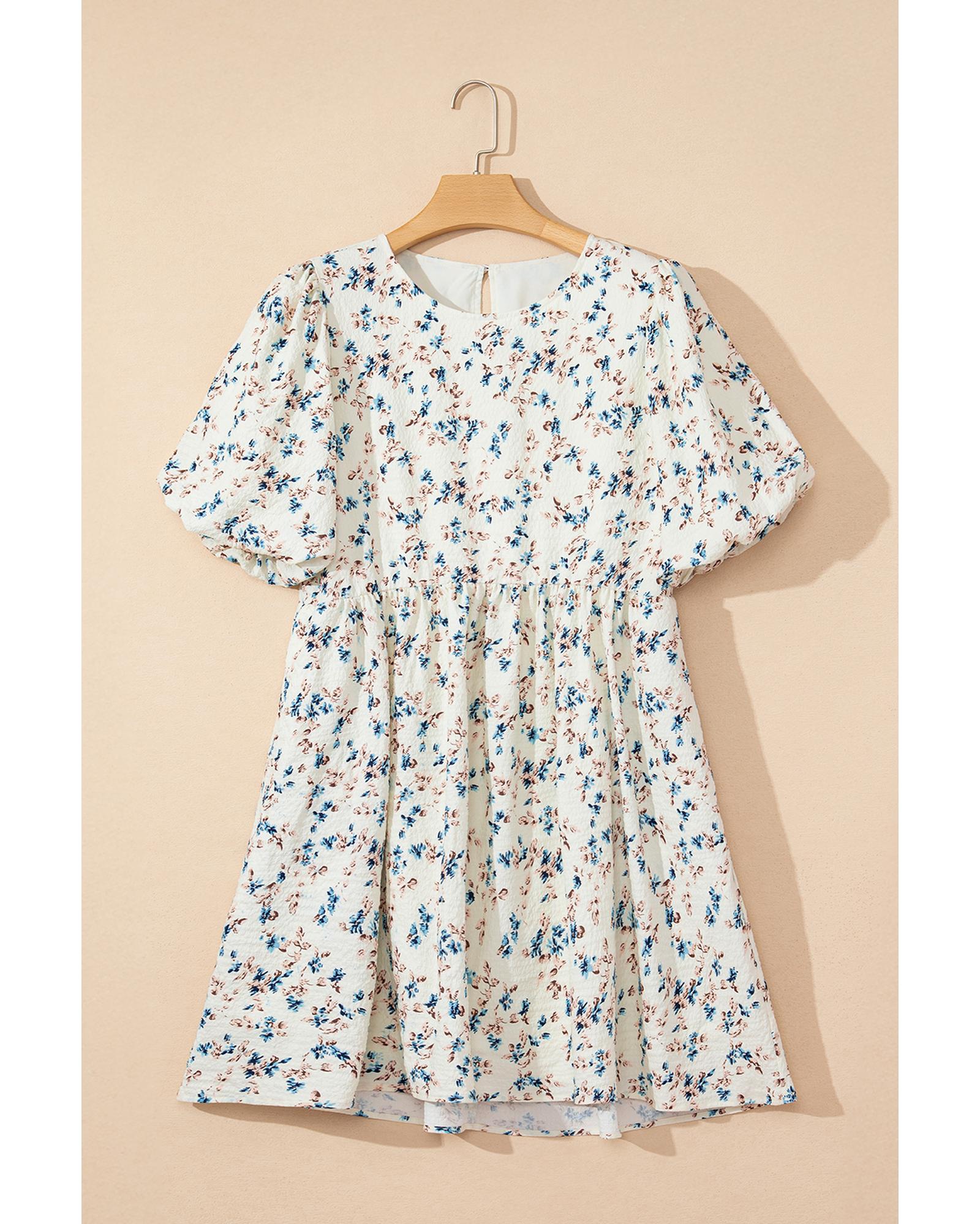 Beige Floral Puff Short Sleeve Empire Waist Mini Dress - XL 6