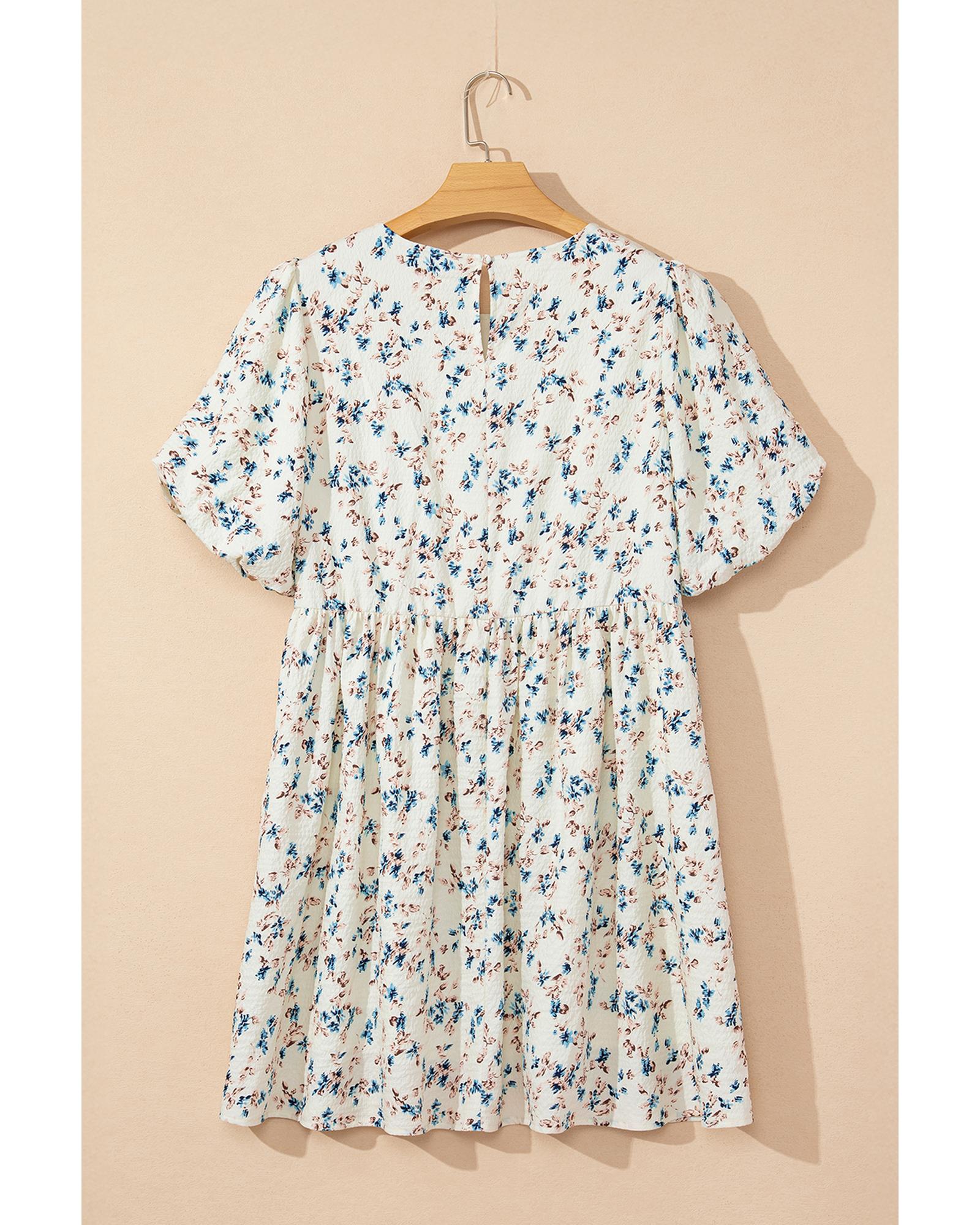 Beige Floral Puff Short Sleeve Empire Waist Mini Dress - XL 7