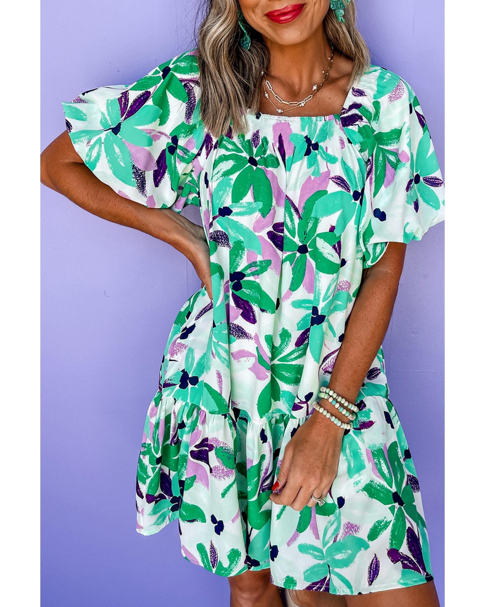 Green Floral Print Shirred Square Neck Loose Fit Mini Dress - L
