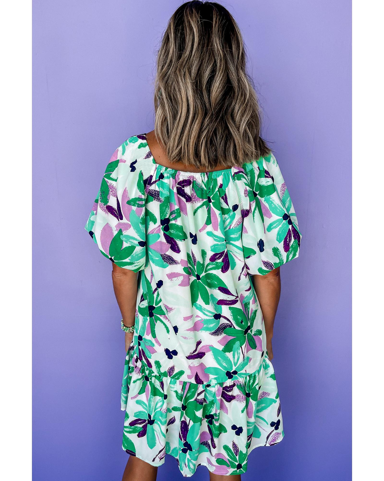 Green Floral Print Shirred Square Neck Loose Fit Mini Dress - L