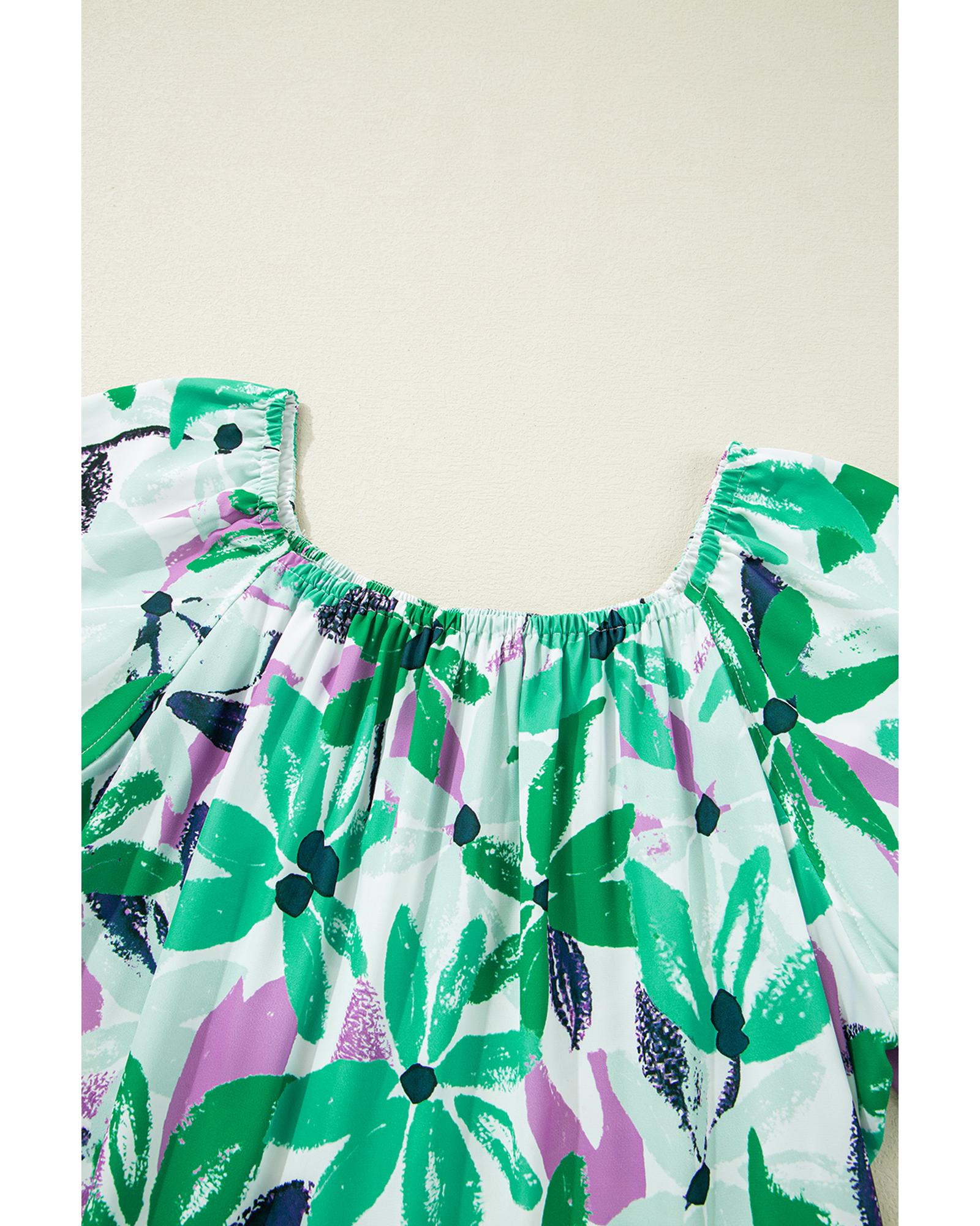 Green Floral Print Shirred Square Neck Loose Fit Mini Dress - L 8