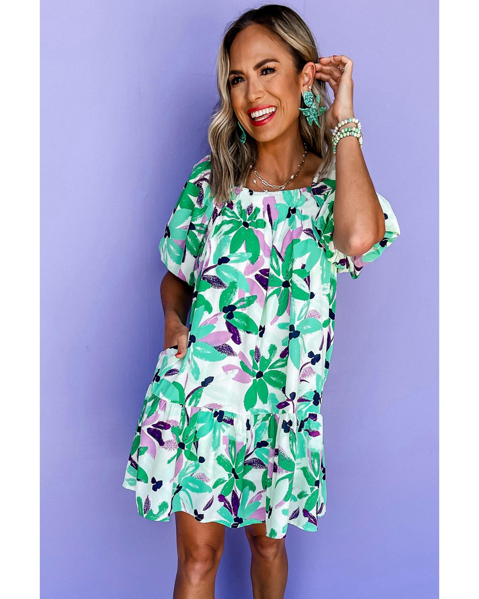 Green Floral Print Shirred Square Neck Loose Fit Mini Dress - M 3