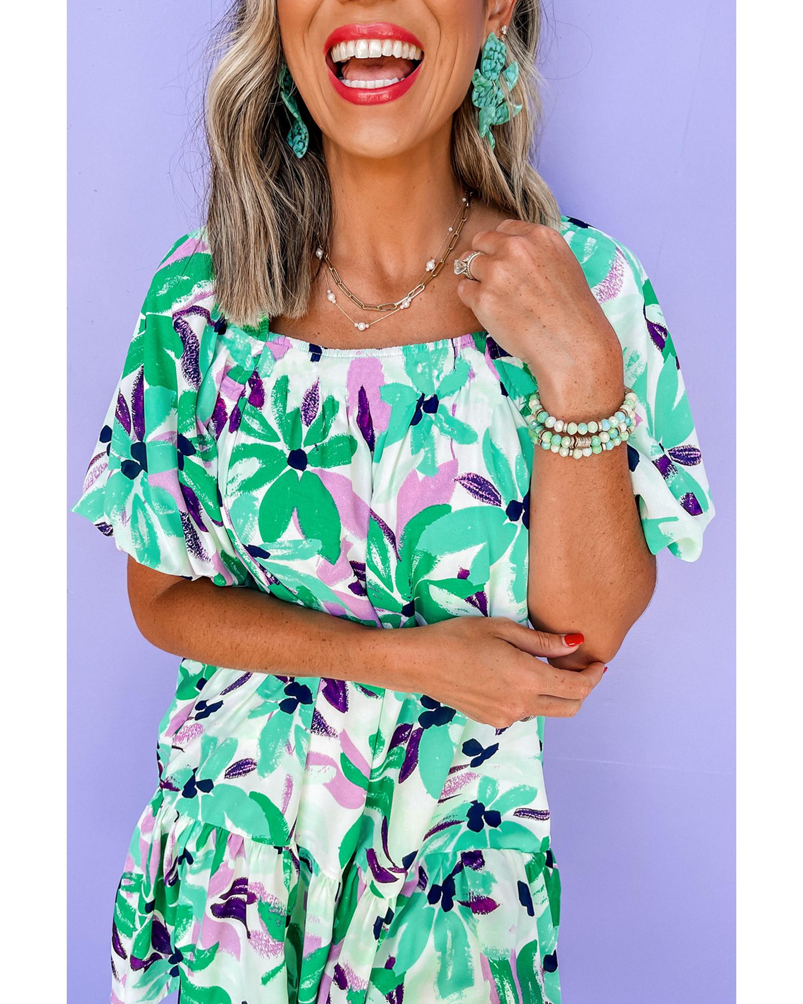 Green Floral Print Shirred Square Neck Loose Fit Mini Dress - M 4