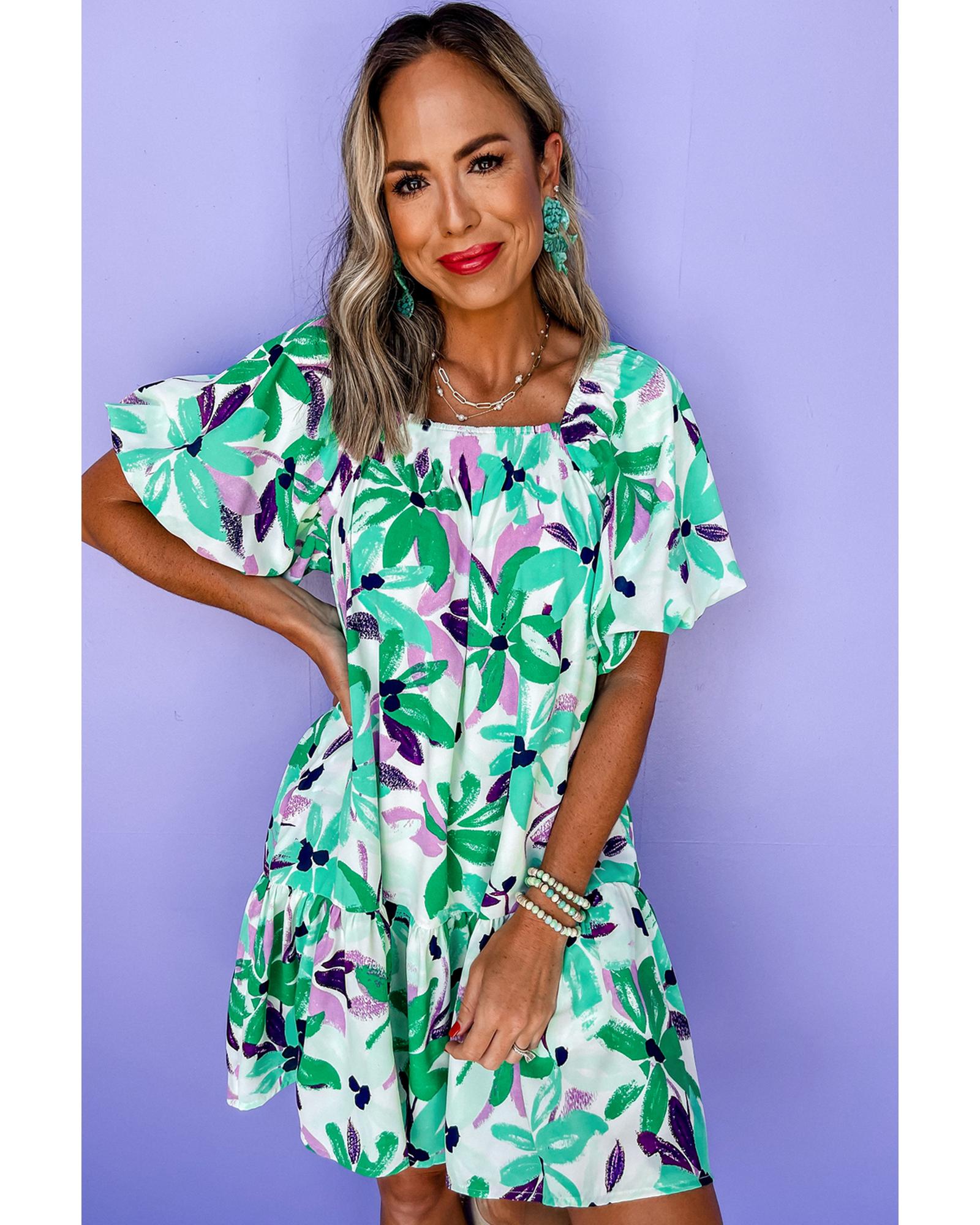 Green Floral Print Shirred Square Neck Loose Fit Mini Dress - M 5
