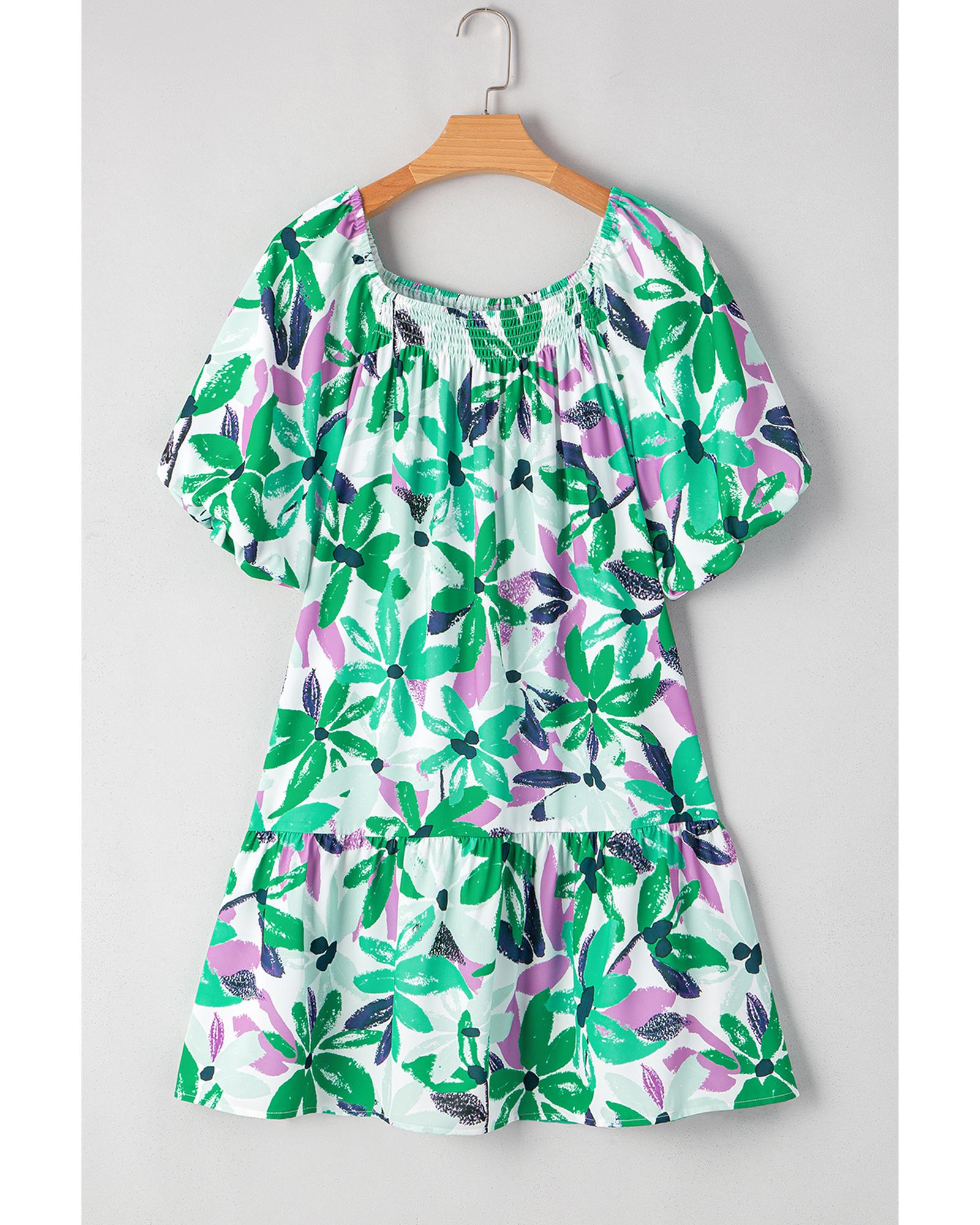Green Floral Print Shirred Square Neck Loose Fit Mini Dress - M 6