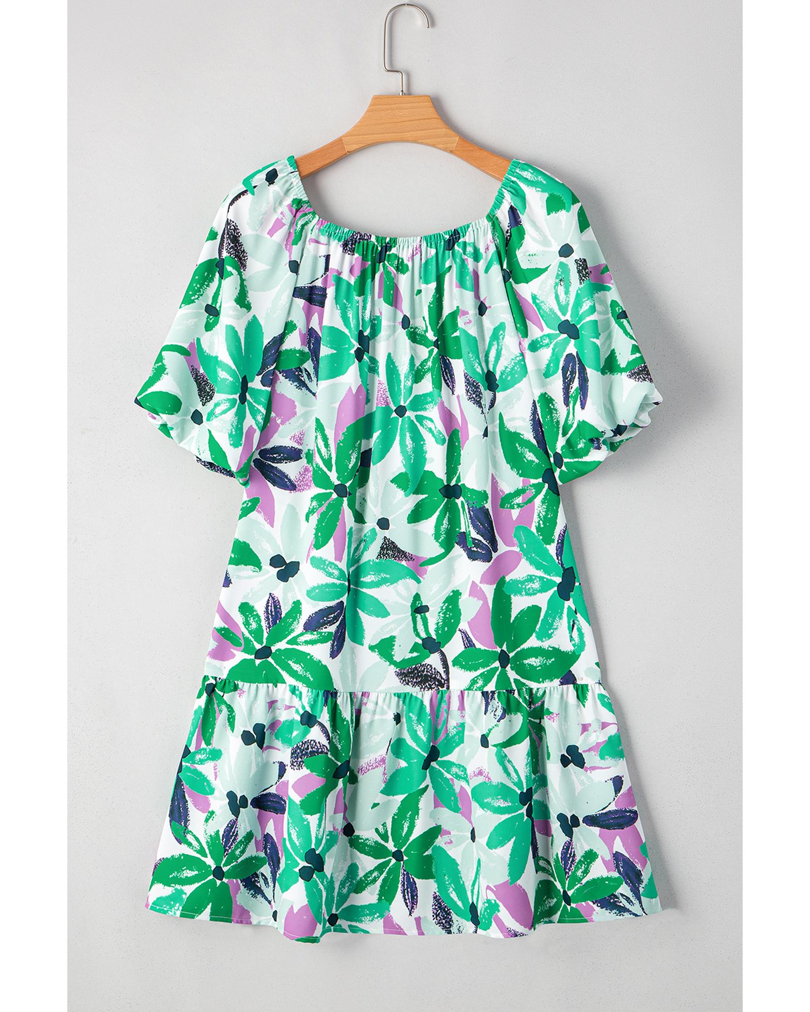 Green Floral Print Shirred Square Neck Loose Fit Mini Dress - XL 7