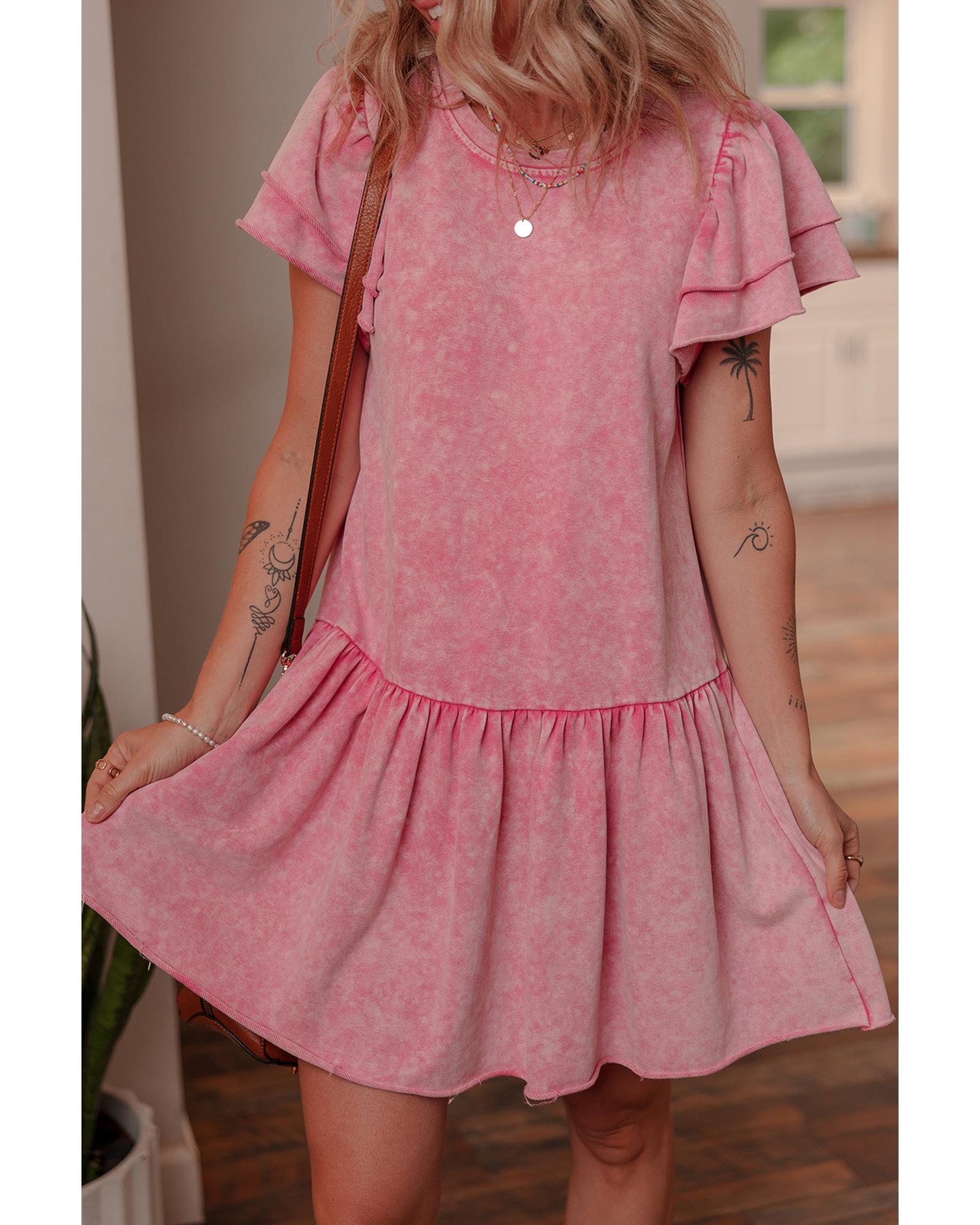 Sachet Pink Mineral Wash Raw Edge Ruffle Mini Dress - L 5