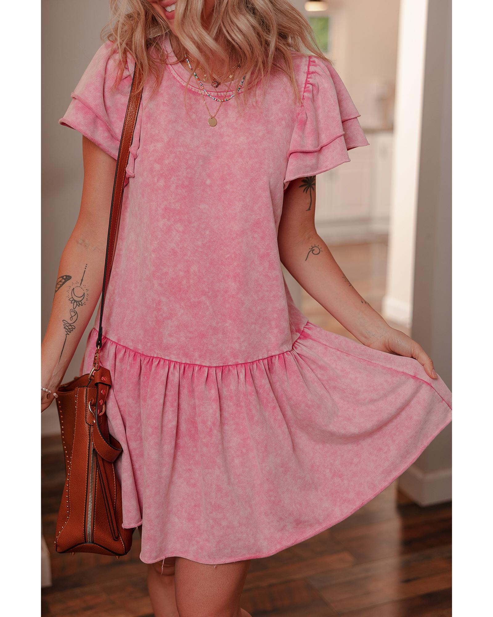 Sachet Pink Mineral Wash Raw Edge Ruffle Mini Dress - M 4
