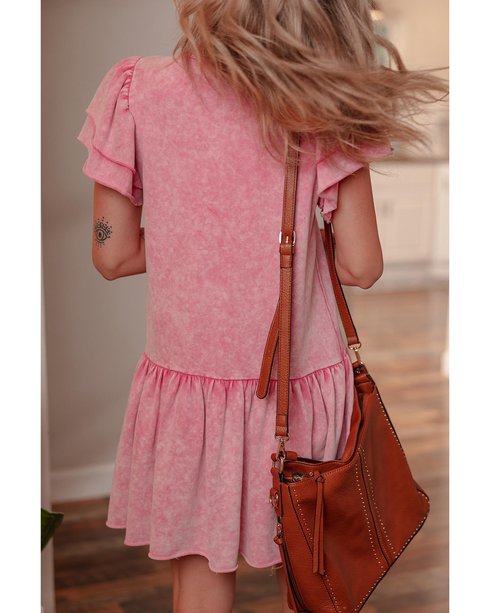 Sachet Pink Mineral Wash Raw Edge Ruffle Mini Dress - S