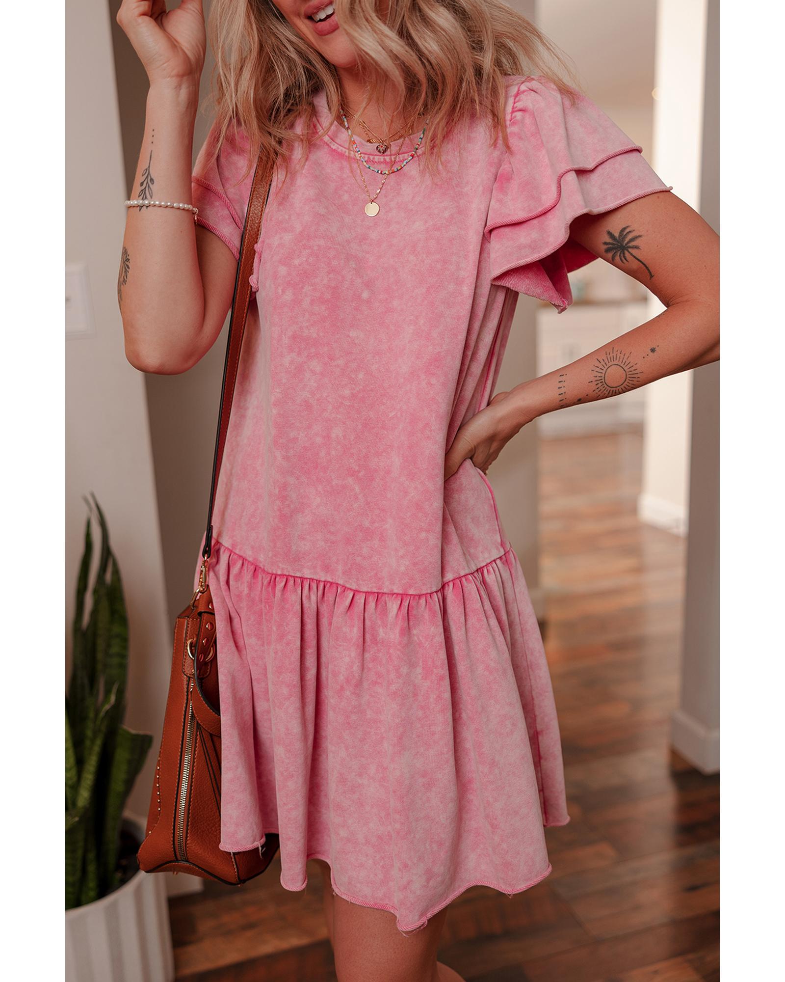 Sachet Pink Mineral Wash Raw Edge Ruffle Mini Dress - S 3