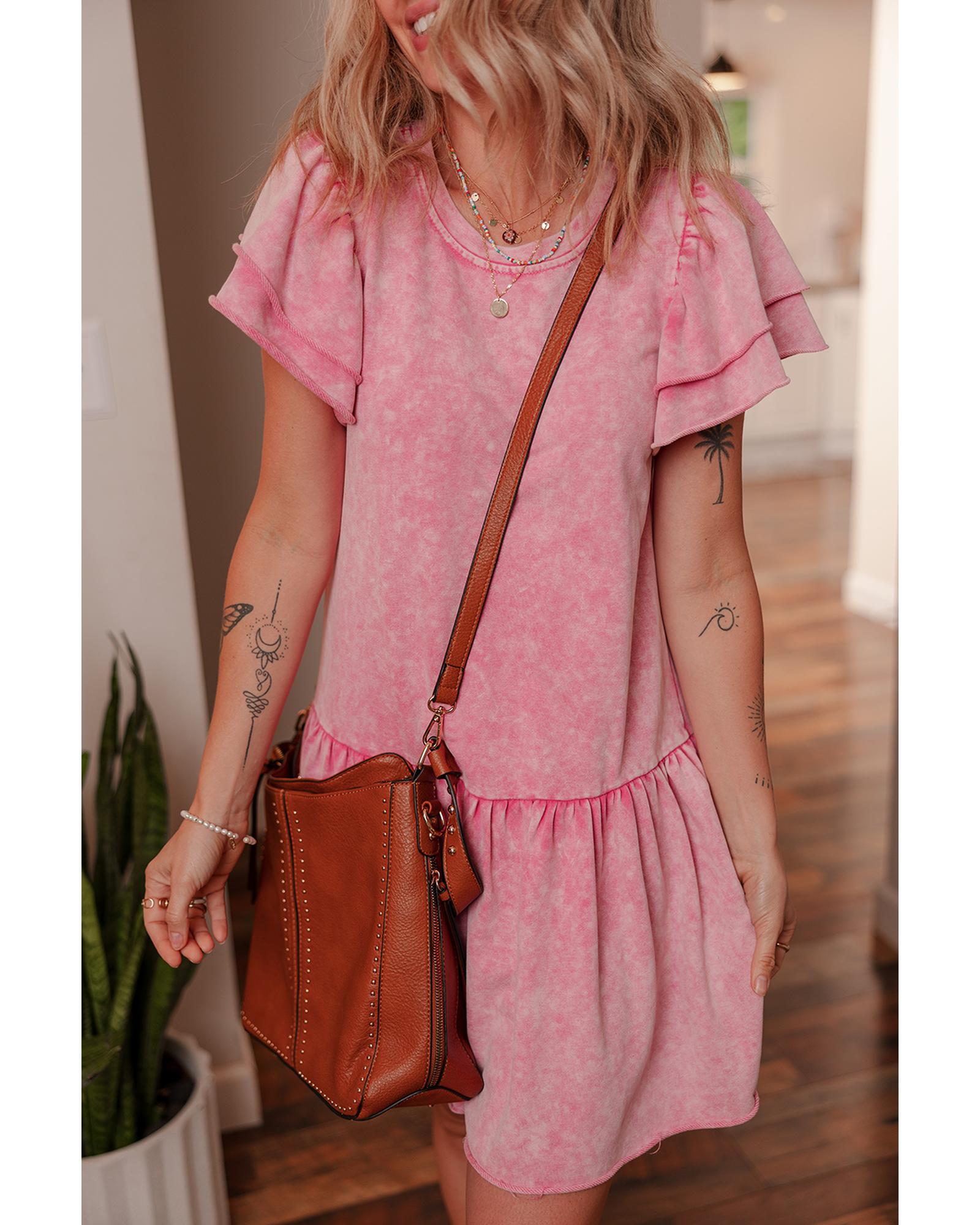 Sachet Pink Mineral Wash Raw Edge Ruffle Mini Dress - XL 8