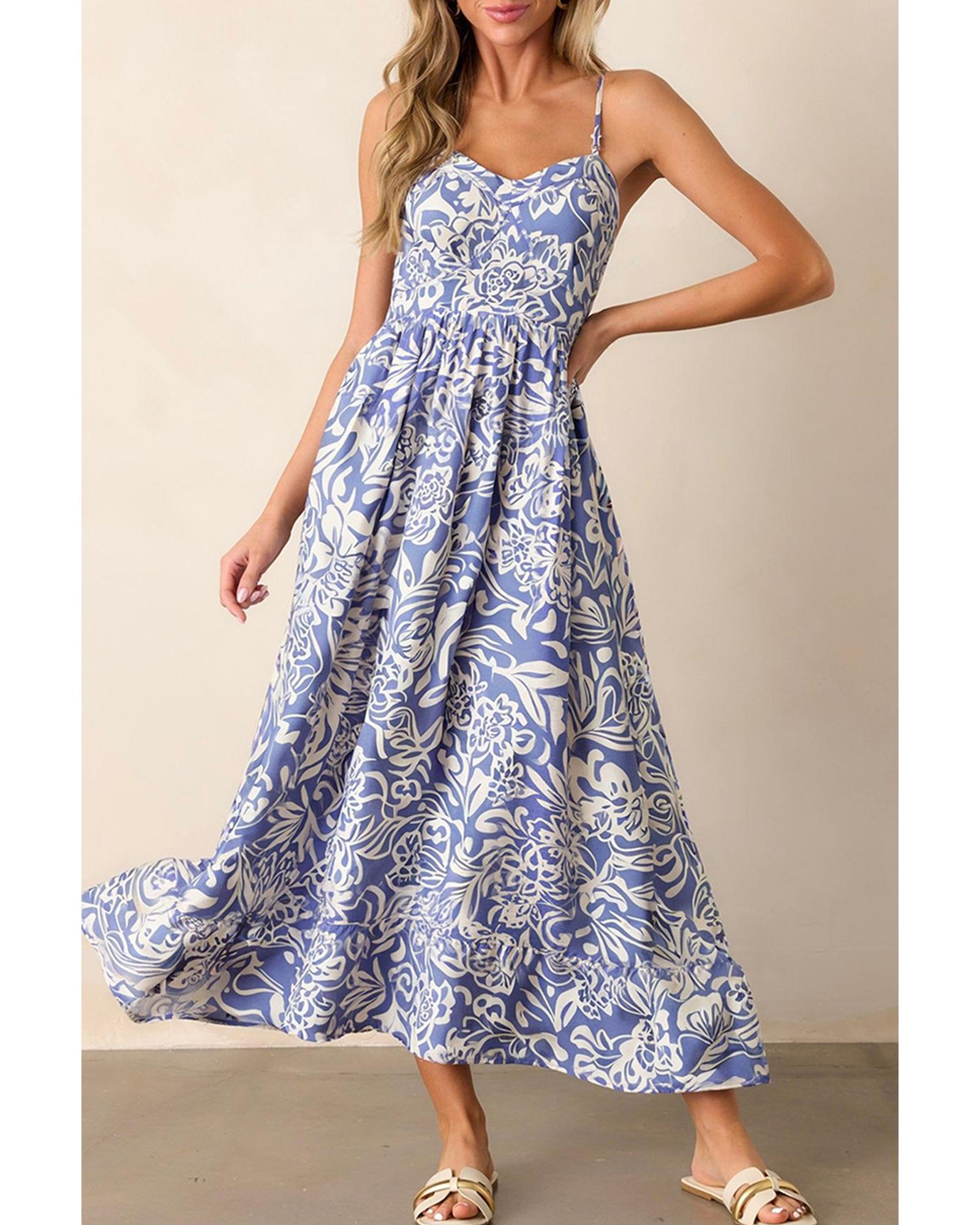 Sky Blue Floral Print Spaghetti Strap High Waist Maxi Dress - L