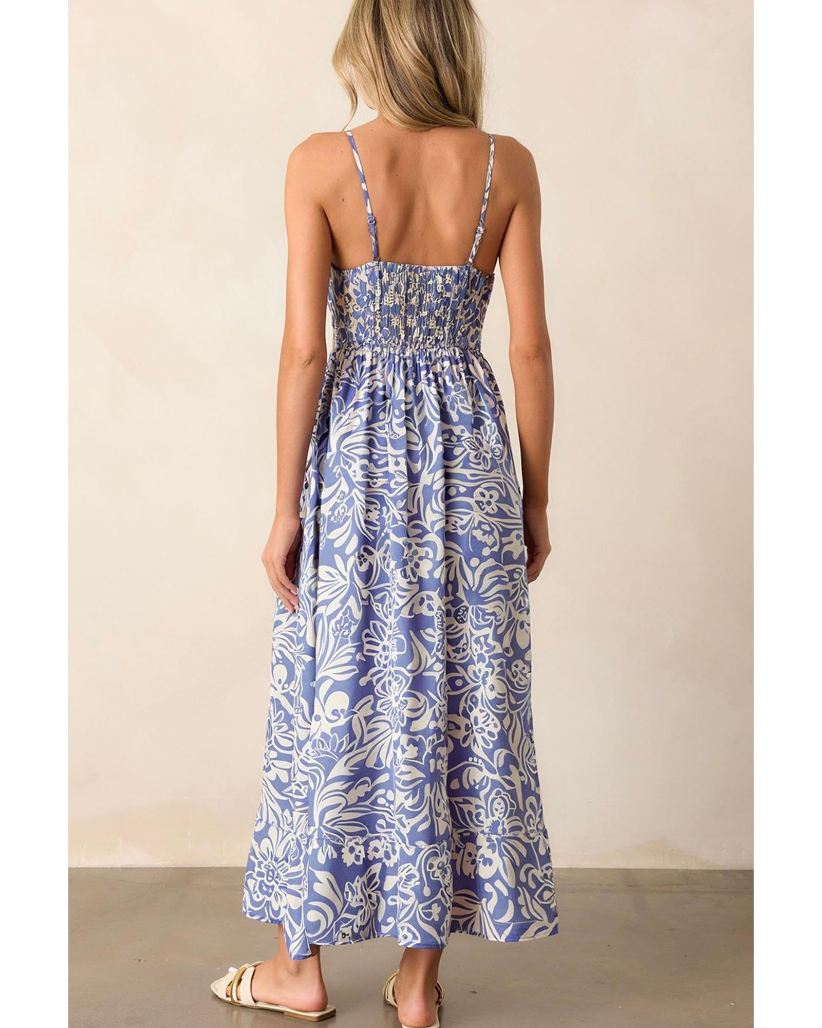 Sky Blue Floral Print Spaghetti Strap High Waist Maxi Dress - L