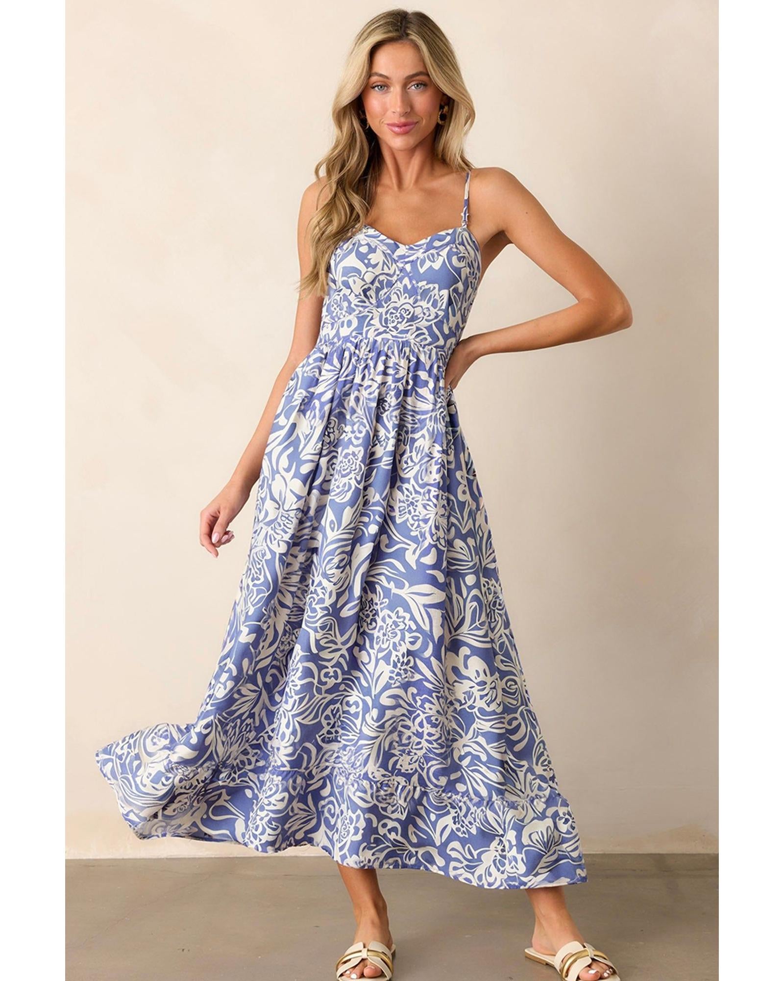 Sky Blue Floral Print Spaghetti Strap High Waist Maxi Dress - M 4