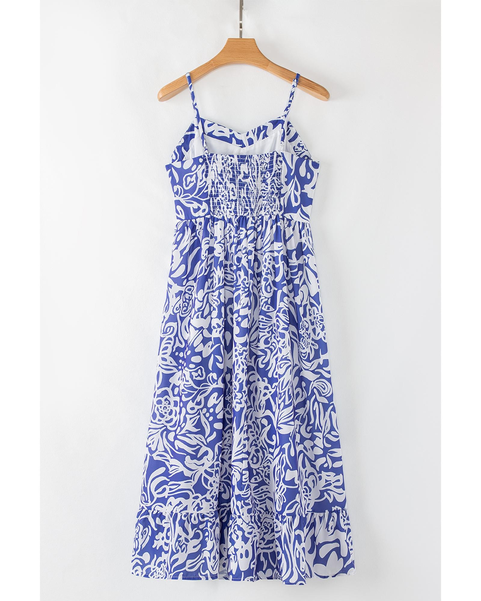 Sky Blue Floral Print Spaghetti Strap High Waist Maxi Dress - M 6