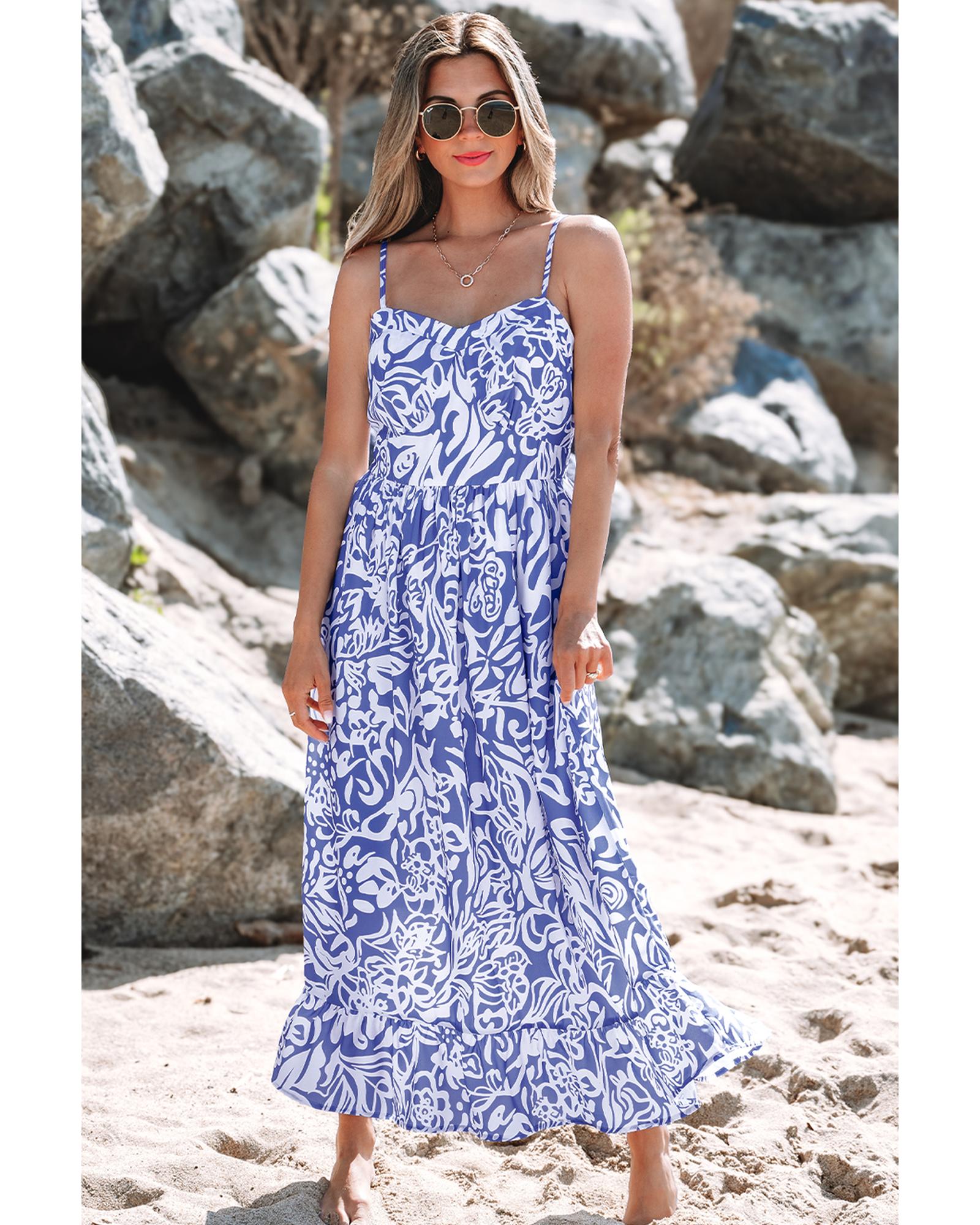 Sky Blue Floral Print Spaghetti Strap High Waist Maxi Dress - S 8