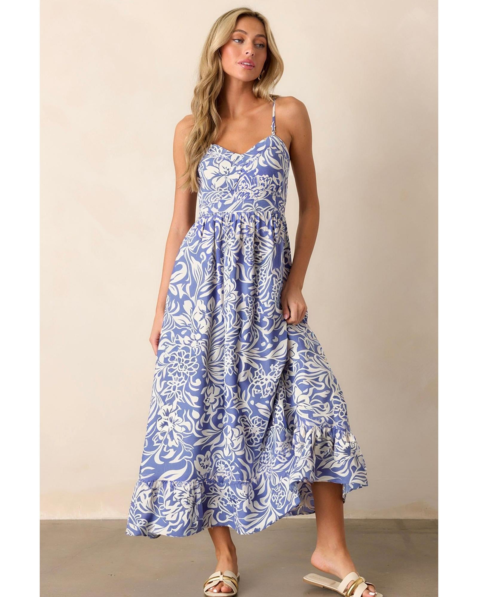 Sky Blue Floral Print Spaghetti Strap High Waist Maxi Dress - XL 3