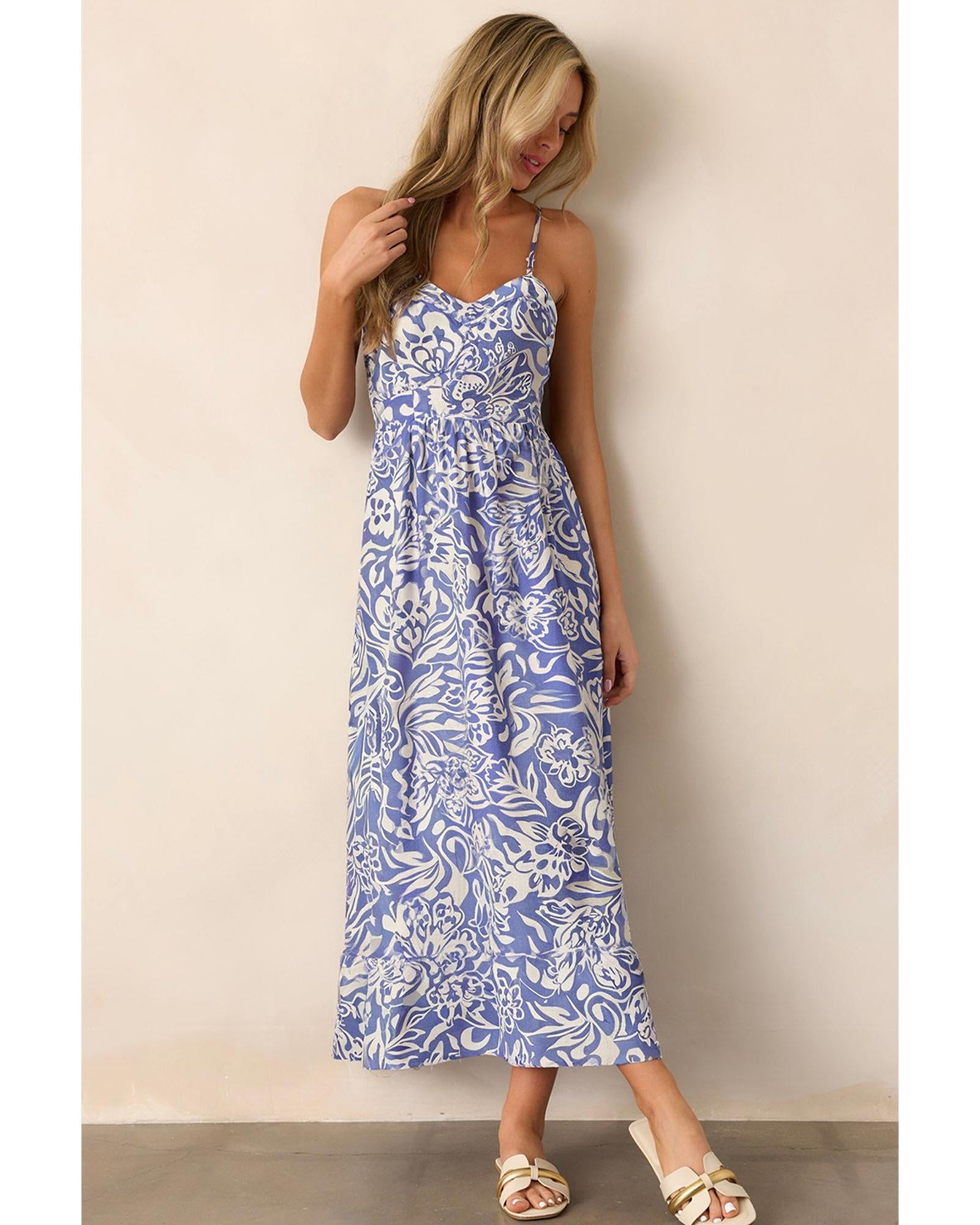 Sky Blue Floral Print Spaghetti Strap High Waist Maxi Dress - XL 5