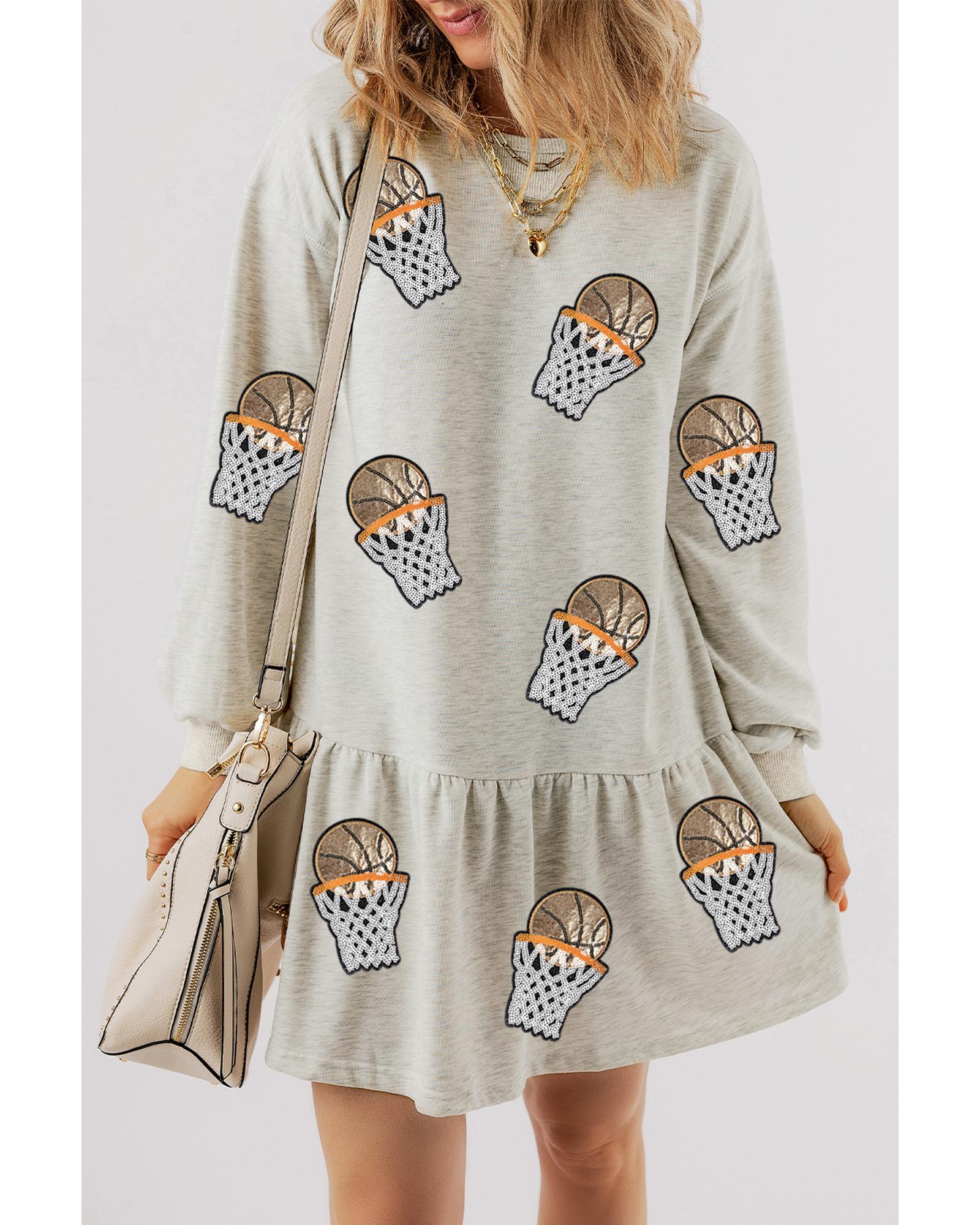 White Sequined Basketball Patched Ruffled Long Sleeve Mini Dress - M 3