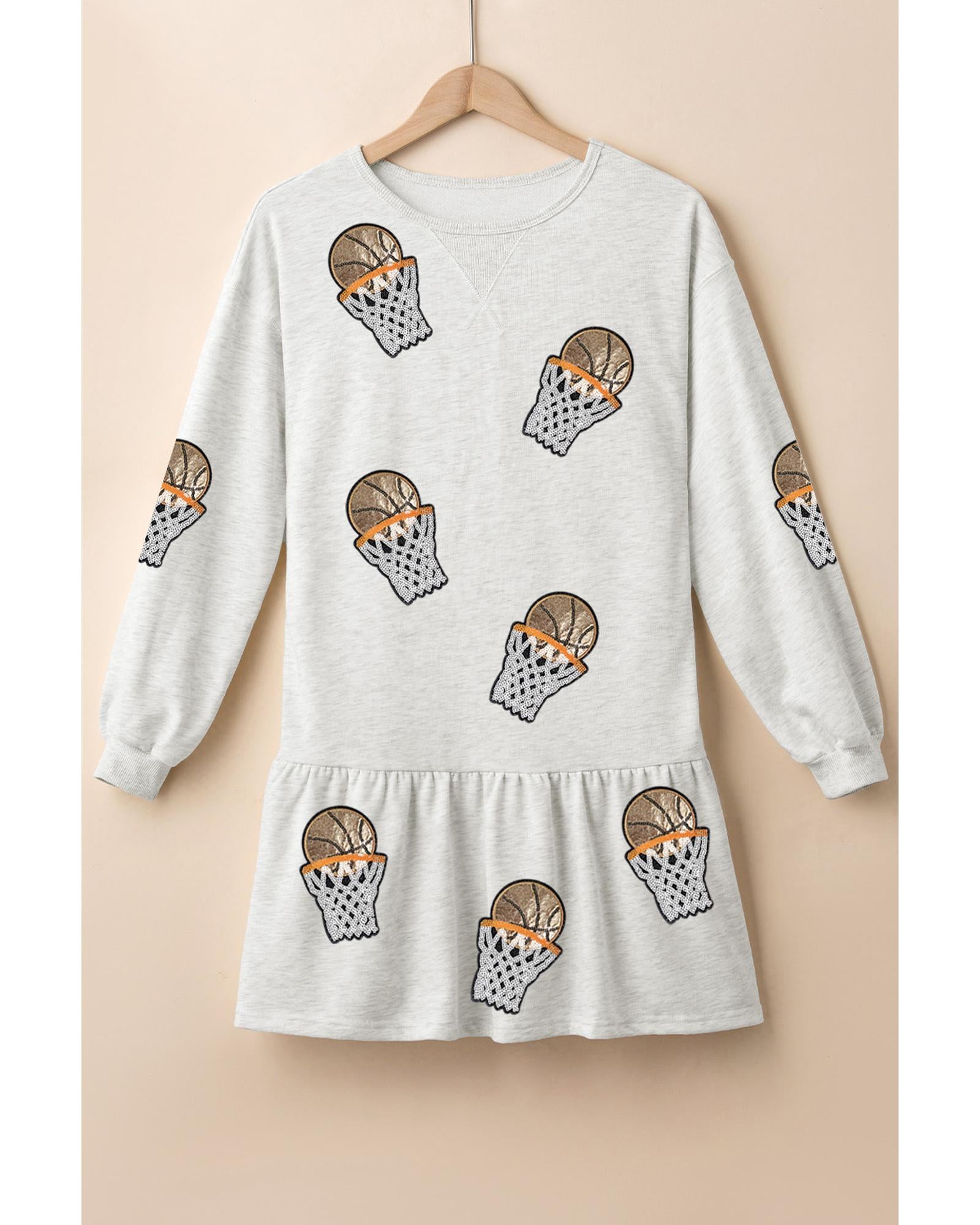 White Sequined Basketball Patched Ruffled Long Sleeve Mini Dress - M 4