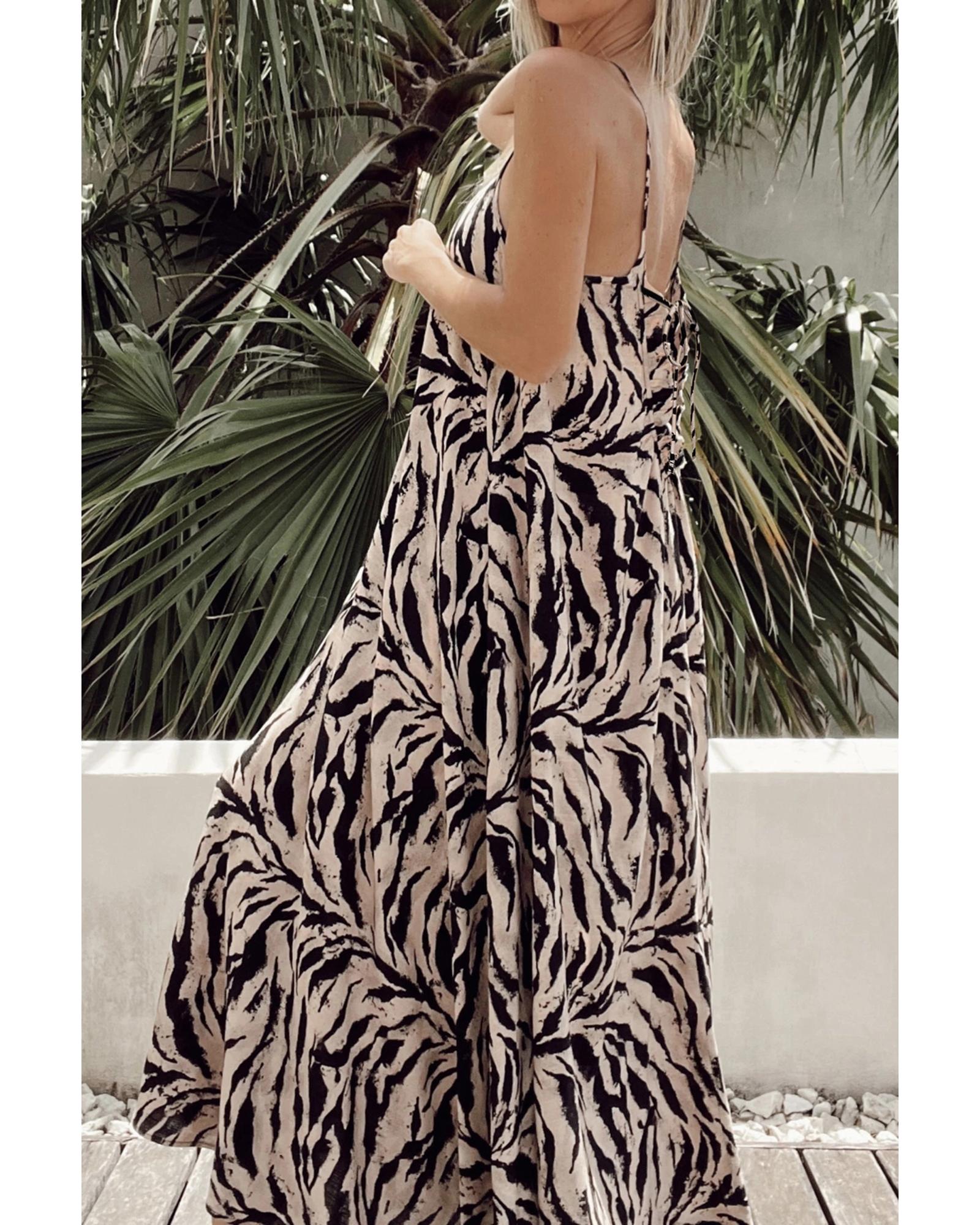 Black Abstract Print Open Back Boho Loose Maxi Sundress - XL