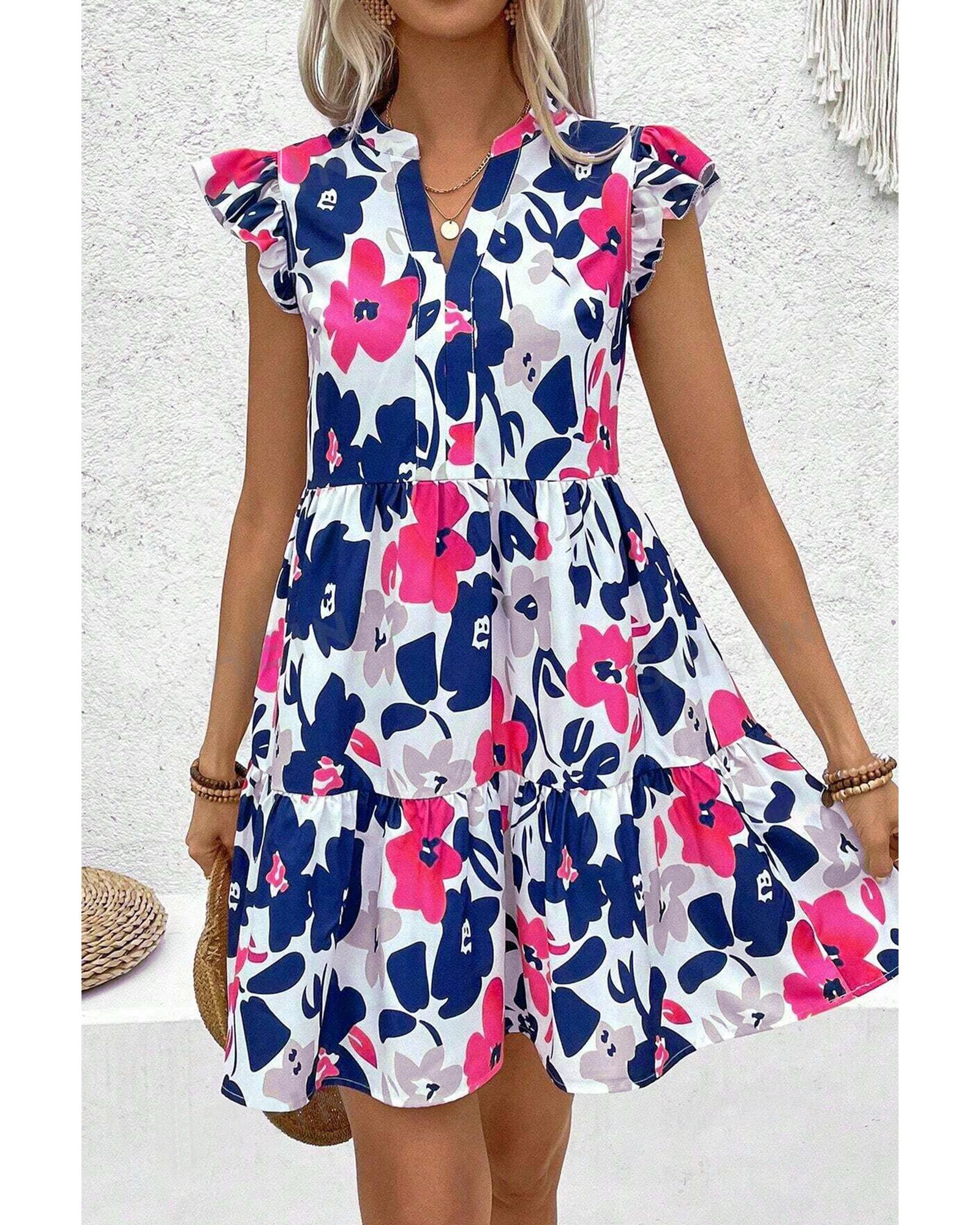 Fashion Floral Print Notched Neck Flutter Sleeve Mini Dress - L 3