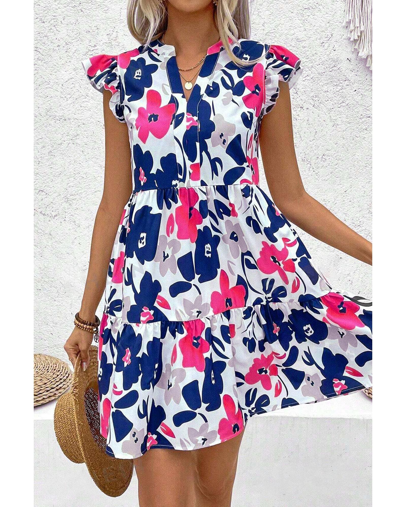 Fashion Floral Print Notched Neck Flutter Sleeve Mini Dress - L 4