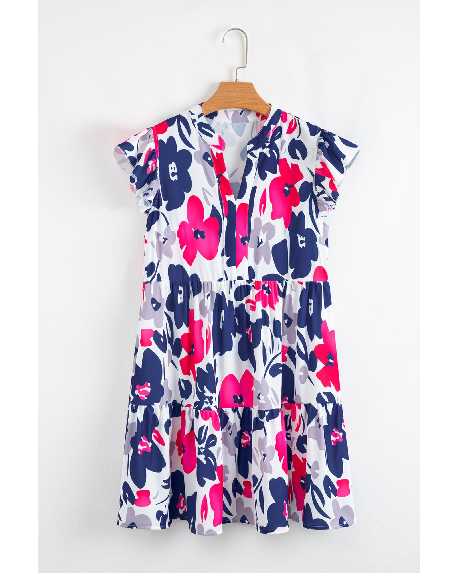 Fashion Floral Print Notched Neck Flutter Sleeve Mini Dress - S 5