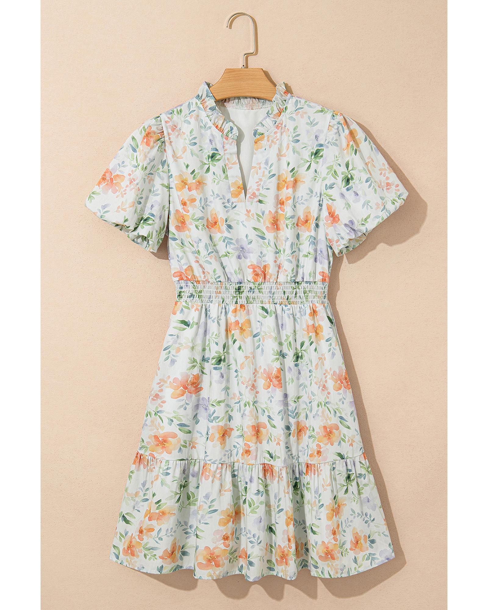 Beige Floral Print Shirred High Waist Puff Sleeve Mini Dress - L
