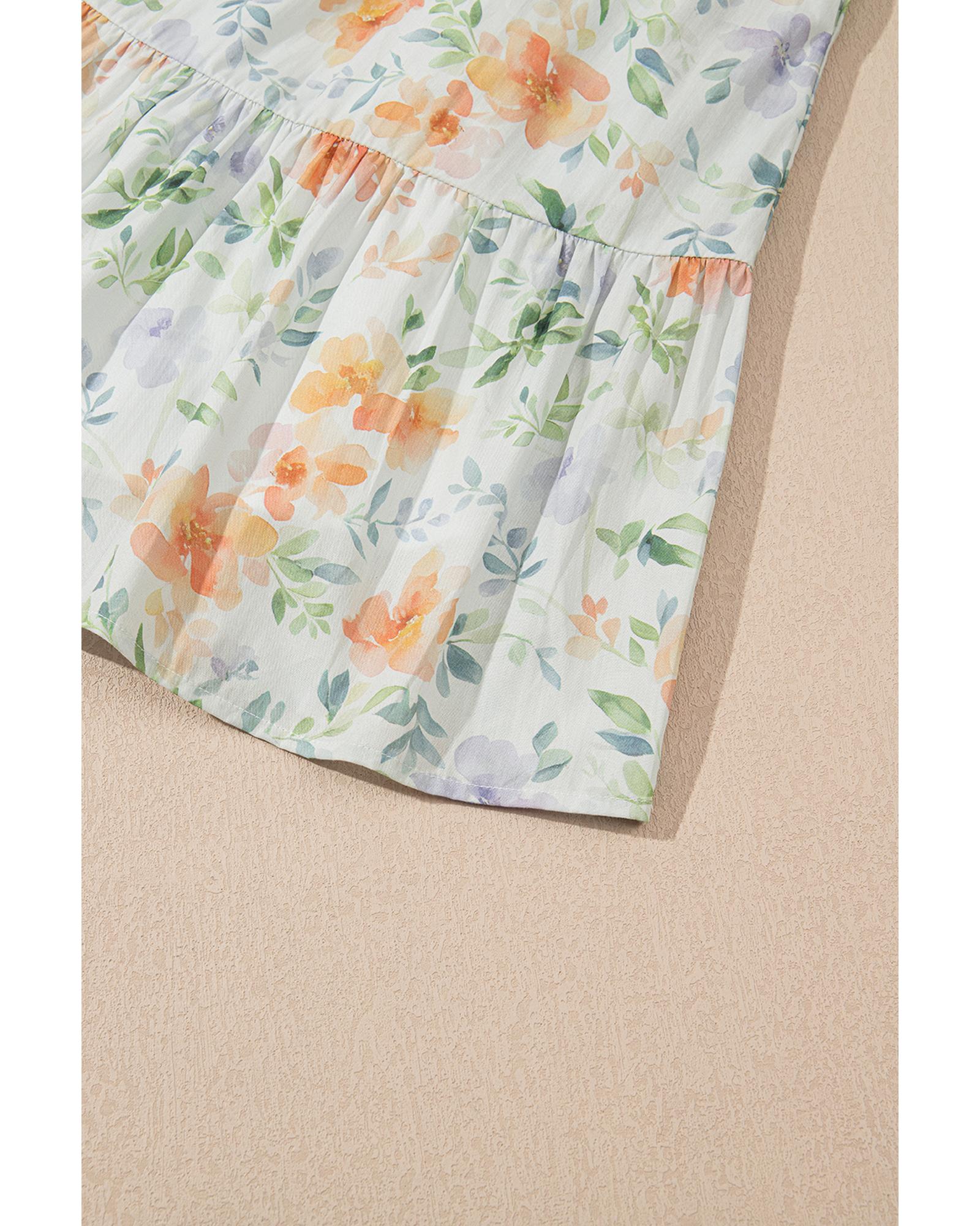 Beige Floral Print Shirred High Waist Puff Sleeve Mini Dress - L 6