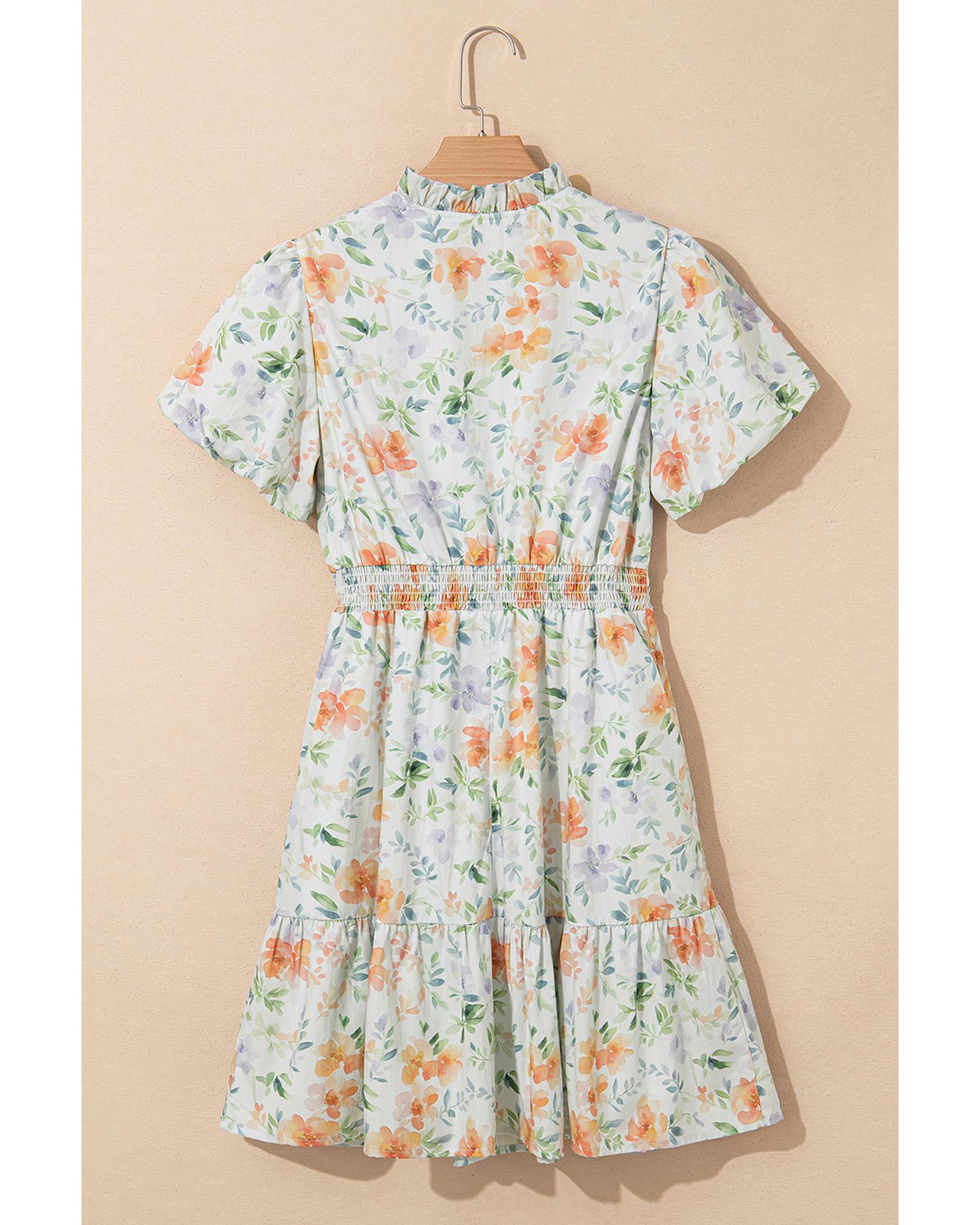 Beige Floral Print Shirred High Waist Puff Sleeve Mini Dress - M 4