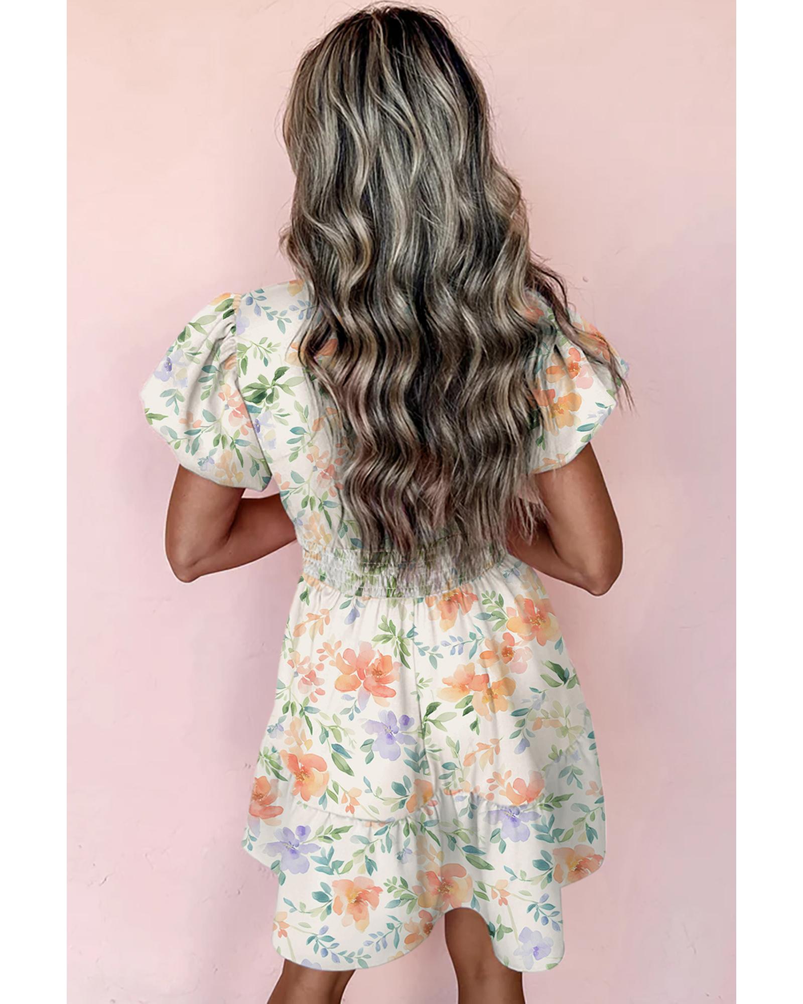 Beige Floral Print Shirred High Waist Puff Sleeve Mini Dress - XL