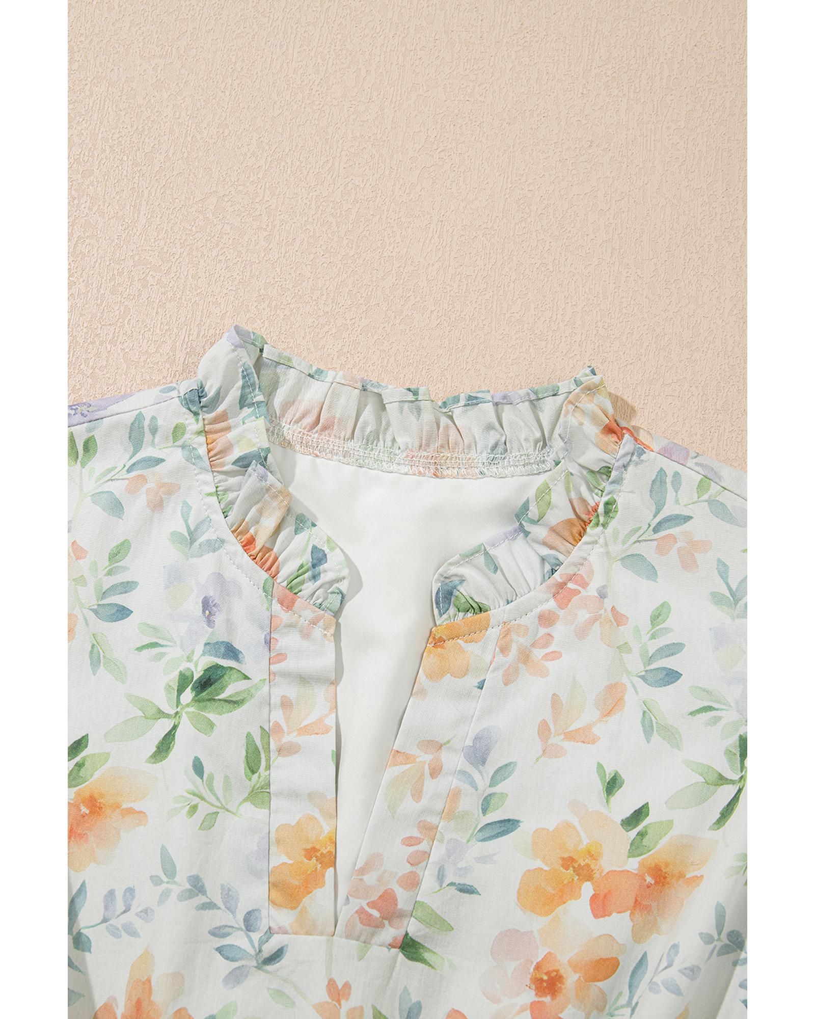 Beige Floral Print Shirred High Waist Puff Sleeve Mini Dress - XL 5