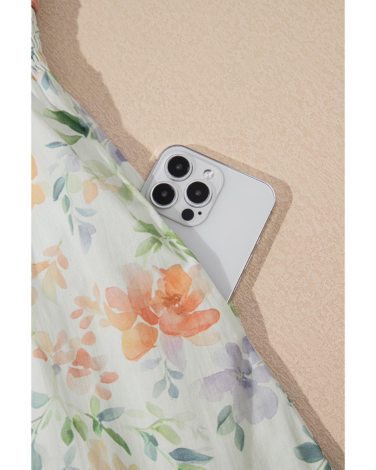 Beige Floral Print Shirred High Waist Puff Sleeve Mini Dress - XL 7
