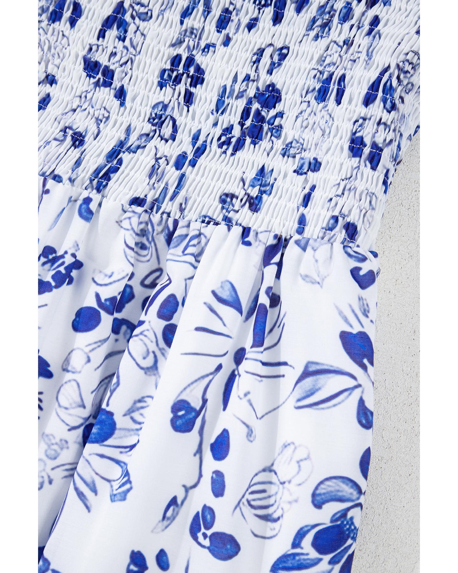 Sky Blue Floral Print Square Neck Bubble Sleeve High Waist Maxi Dress - L 8