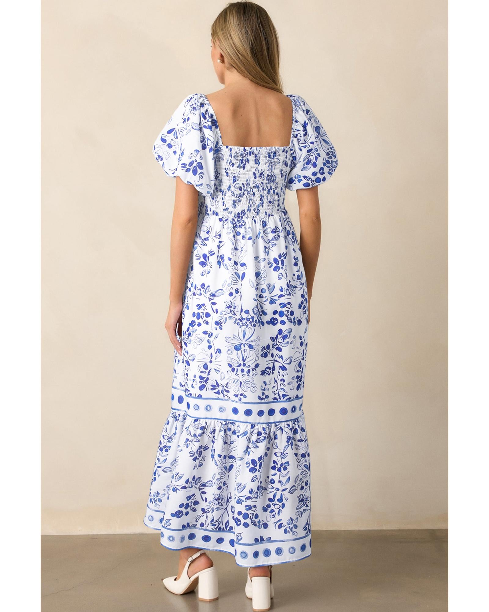 Sky Blue Floral Print Square Neck Bubble Sleeve High Waist Maxi Dress - M