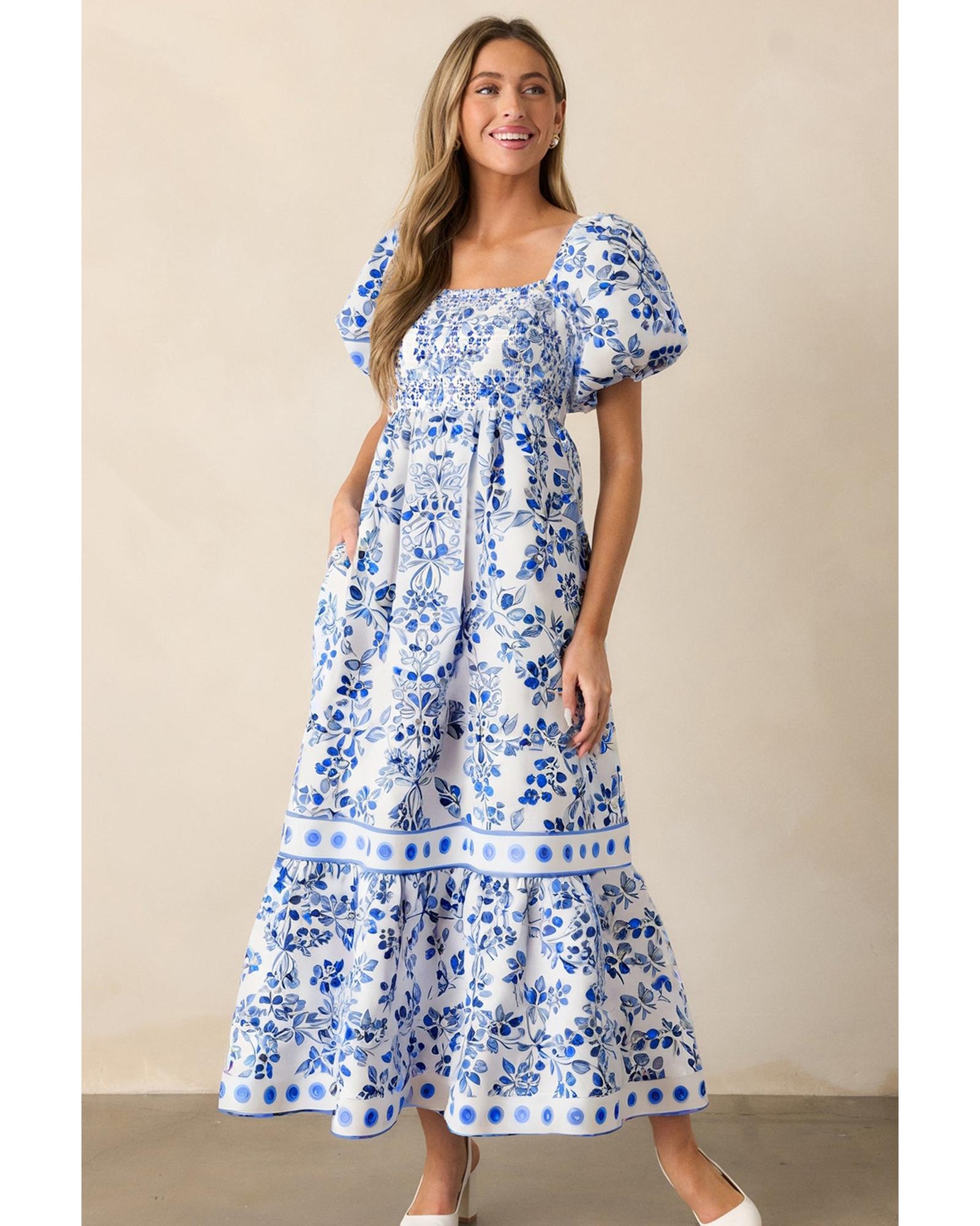 Sky Blue Floral Print Square Neck Bubble Sleeve High Waist Maxi Dress - M 3