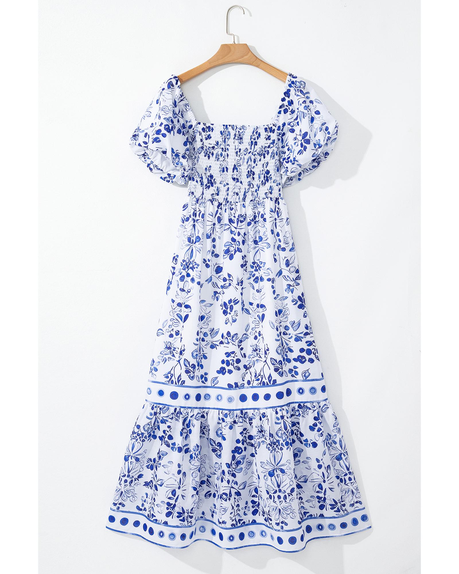 Sky Blue Floral Print Square Neck Bubble Sleeve High Waist Maxi Dress - M 5